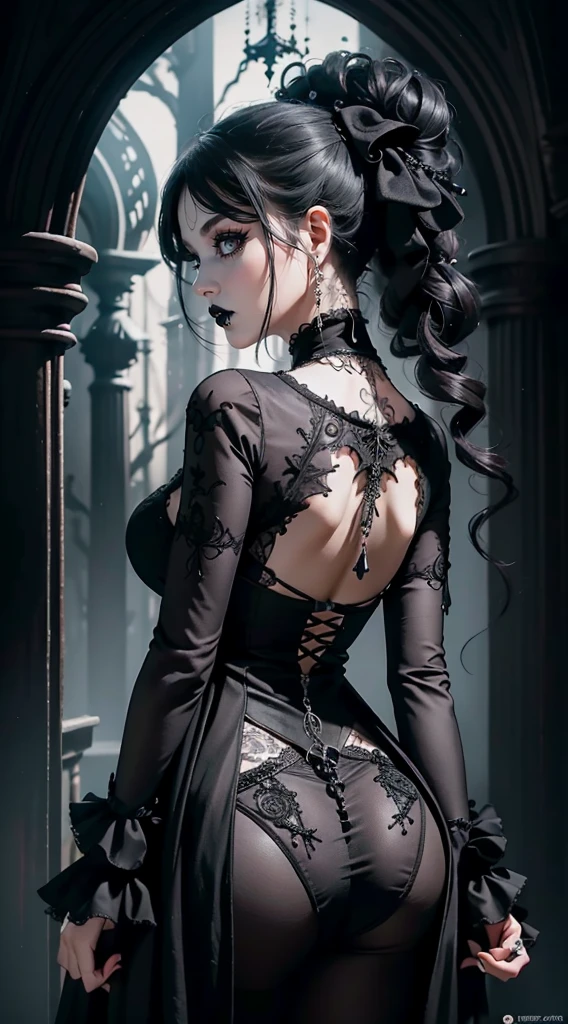 Official Art, Unity 8k wallpaper, ultra-detailed, beautiful, beautiful, ((New Goth gal:1.4)), masterpiece, best quality, dark, atmospheric, mystical, romantic, creepy, literature, art, fashion, victorian, decoration, intricate, ironwork, lace, contemplation, emotional depth, supernatural, 1 girl, solo, hip, , Dancing lightly. backwadrs, Looking back. Very sexy, with chin resting on shoulder