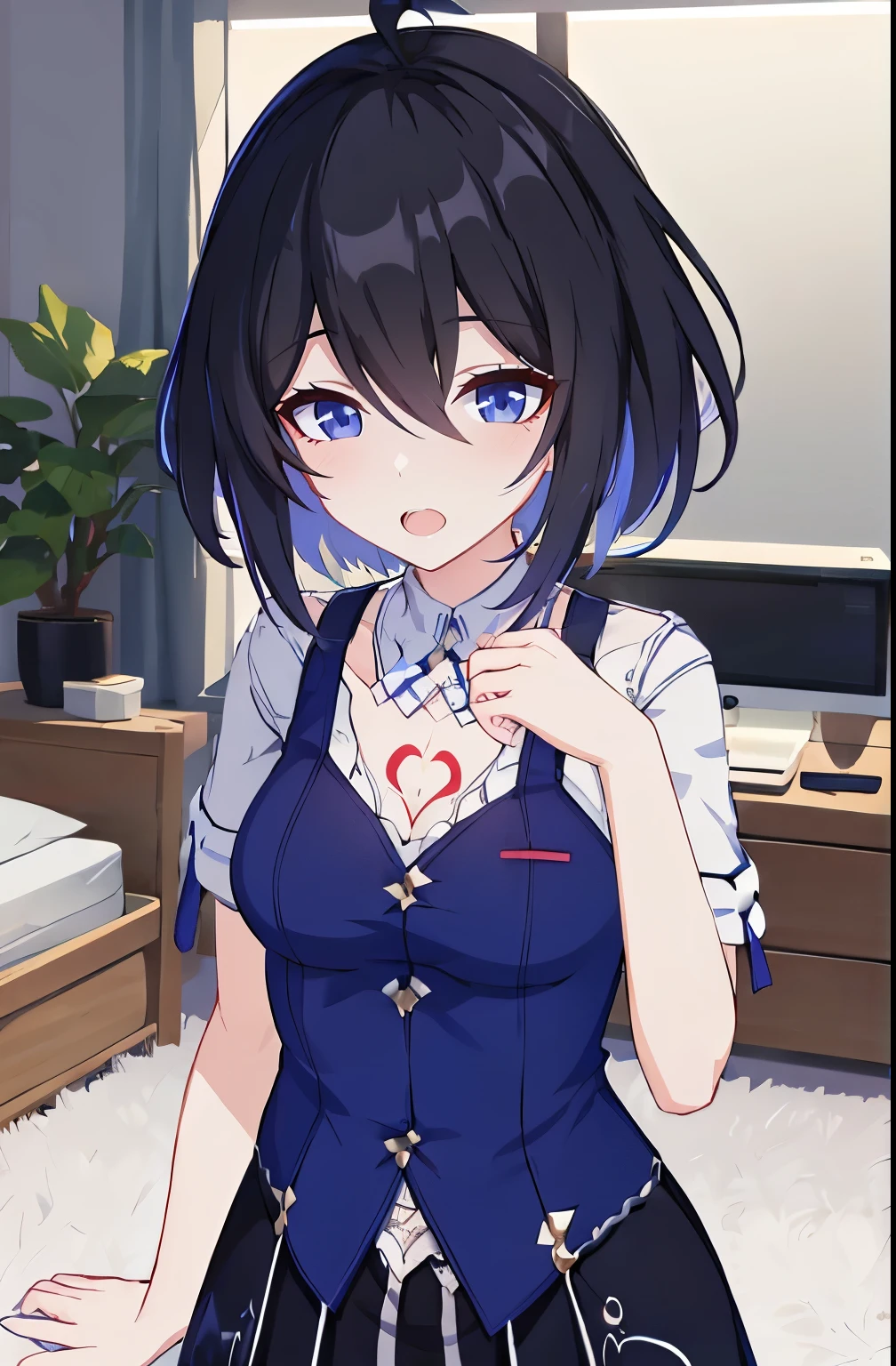 1 girl, best quality, ultra high res, ahoge, Seele Vollerei, medium breast, smile, small body, open mouth, azure clothes, short sleeves, bedroom, white bed sheets, pov, chest  tattoo, upper body, looking at viewers, looking you, blue eyes, black hair, blue hair, perfect detailed, 