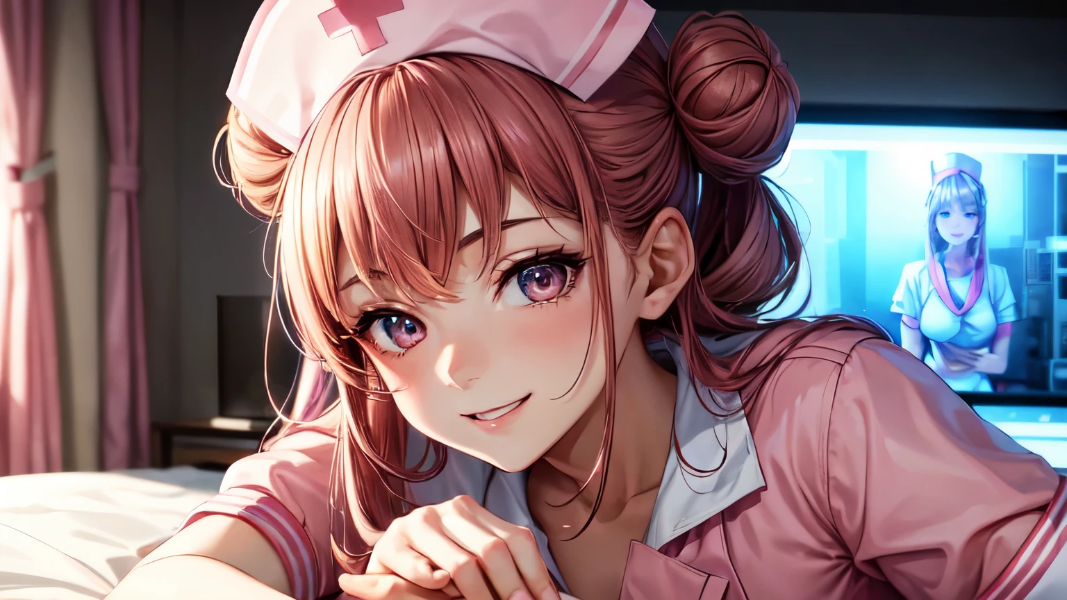 (8K, best quality, muste piece:1.2)、ultra high resolution、20 year old female,ultra-detailed face,detailed eyes,(pink nurse uniform,Pink nurse cap),brown hair,Twin bun hair,cinema lighting,detailed hand fingers,solo,leaning forward,Meek smile,hospital room
