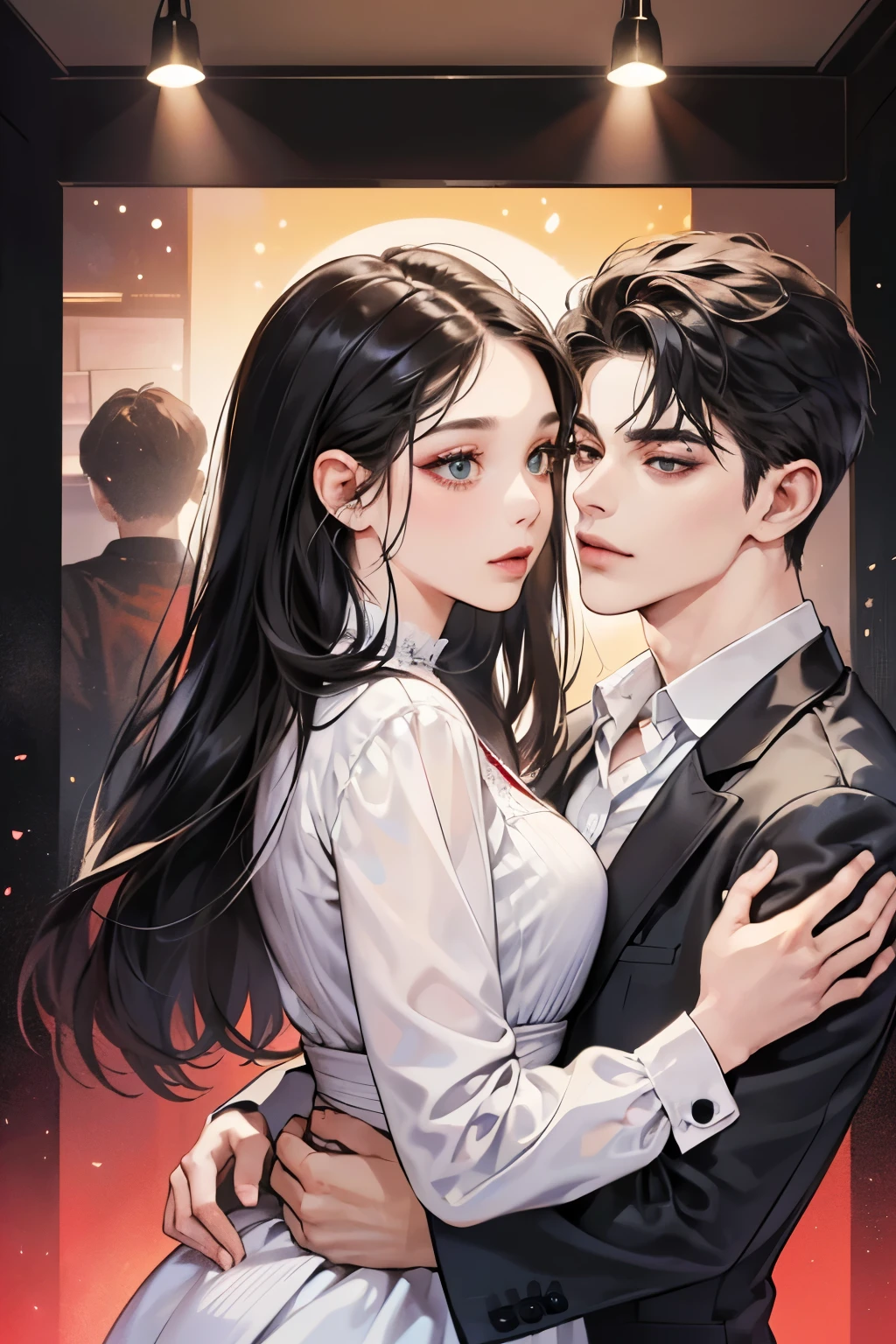(table top, digital art, digital illustration, 4K, 8K, super detailed, beautiful images, clear image, realistic, RAW photo, perfect face, perfect lines, perfect eyes, soft lighting) 1 female, (long black hair,straight hair,Bullish gaze,beautiful woman,Solid makeup,23 year old female,small breasts:1.3),secretary, Two handsome men in suits, (human,Men in suits,muscular,Firm shoulder width,adult male,boyish hairstyle,british gentleman&#39;s style,A man in his 30s with a cool expression,28-year-old man with bright smile:1.2),Bright Western-style room、couple dancing、light、country style、k pop dance、sense of rhythm