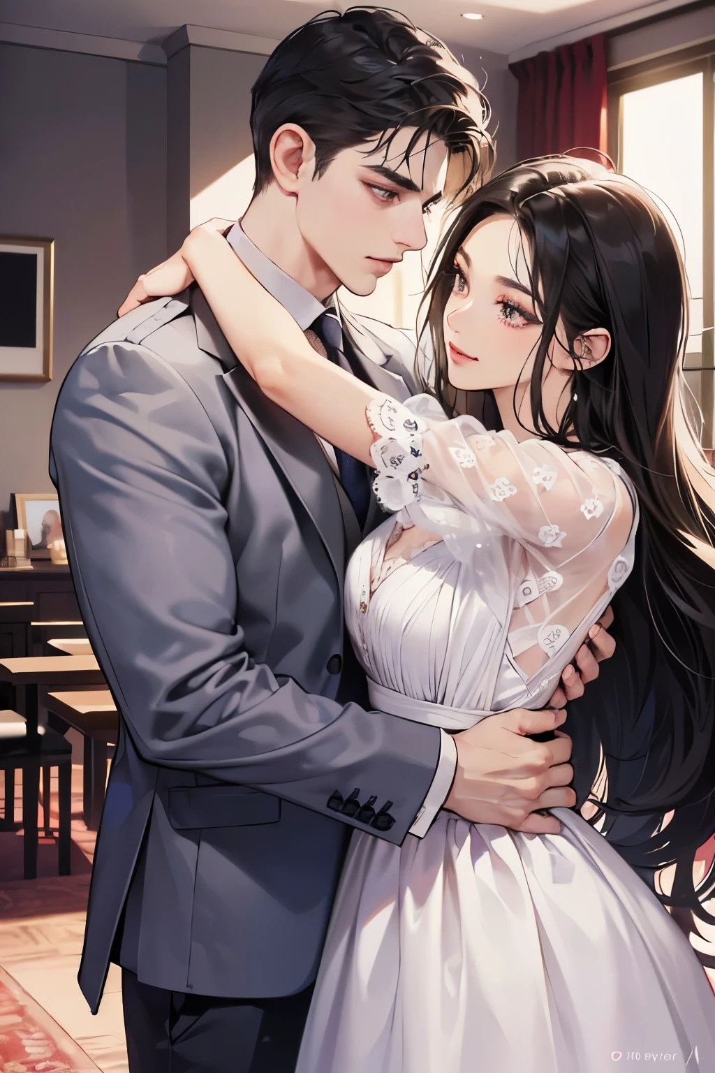 (table top, digital art, digital illustration, 4K, 8K, super detailed, beautiful images, clear image, realistic, RAW photo, perfect face, perfect lines, perfect eyes, soft lighting) 1 female, (long black hair,straight hair,Bullish gaze,beautiful woman,Solid makeup,23 year old female,small breasts:1.3),secretary, Two handsome men in suits, (human,Men in suits,muscular,Firm shoulder width,adult male,boyish hairstyle,british gentleman's style,A man in his 30s with a cool expression,28-year-old man with bright smile:1.2),Bright Western-style room、couple dancing、light、country style、k pop dance、sense of rhythm