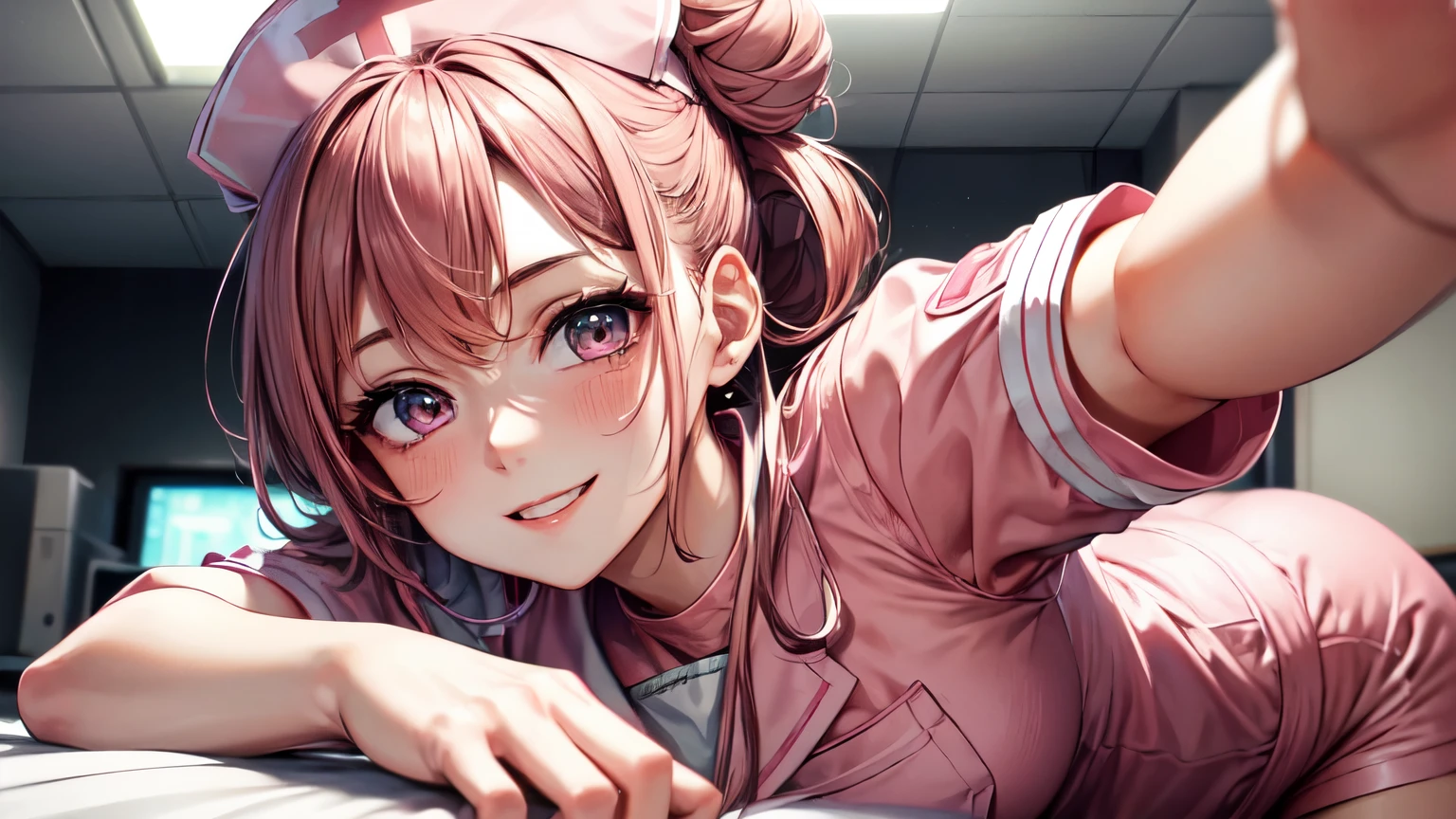 （8K, best quality, muste piece:1.2)、ultra high resolution、20 year old female,ultra-detailed face,detailed eyes,(pink nurse uniform,Pink nurse cap),brown hair,Twin bun hair,cinema lighting,detailed hand fingers,solo,leaning forward,Meek smile,hospital room