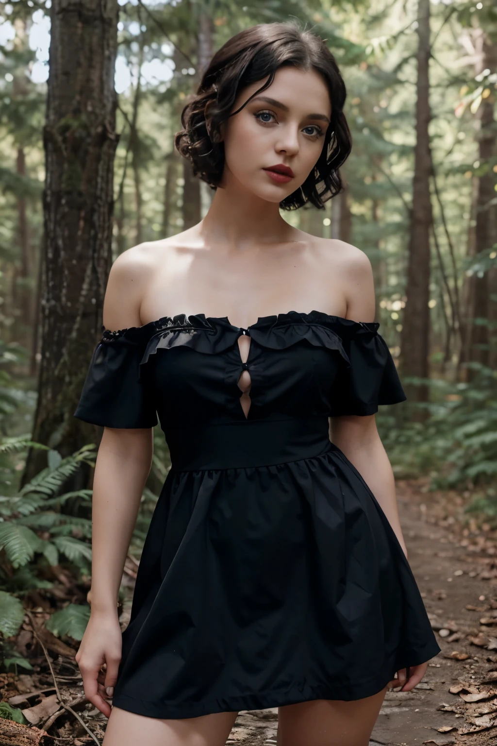 Gothic girl about 20 with black short curly hair, with big blue eyes, in a red dress, in the middle of the forest. The photo is black and white, but in color the girl has big blue eyes, red lips and a red dress, gray shades.Cinematic Still, Hasselblad X2D, Vogue Editorial, Super Detailed, Photorealistic — ar 3:4 — v 5.2