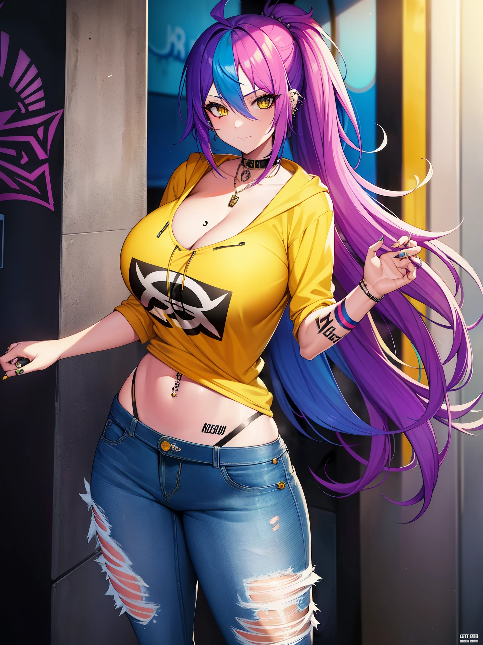 The most beautiful and sexy punk rock girl, rainbow colored hair, yellow eyes, wearing a hoodie, graphic t-shirt and torn skinny jeans, huge gigantic tits, cleavage showing, tons of tattoos and piercings, graffiti elements in the background, perfect masterpiece, high quality, high resolution