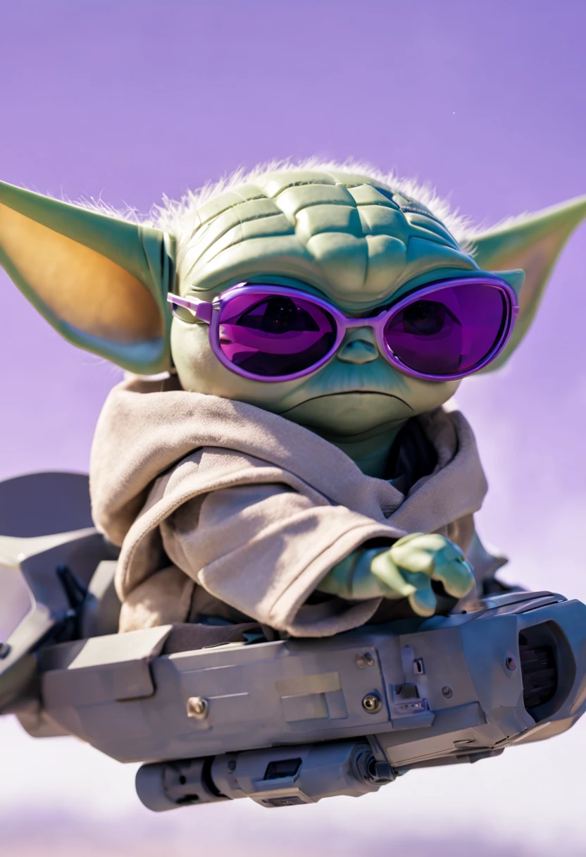 Baby yoda with purple aviator sunglasses, riding a gundam