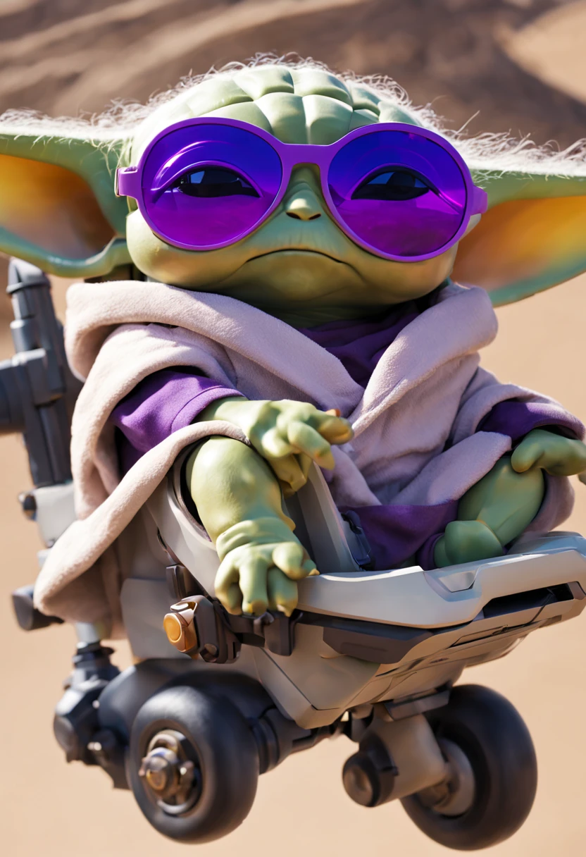 Baby yoda with purple aviator sunglasses, riding a gundam