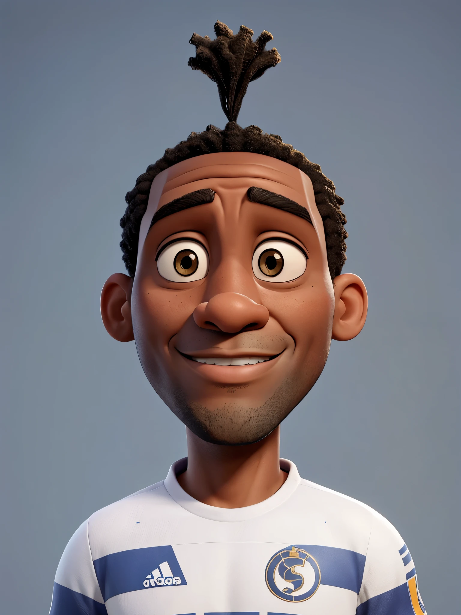 Draw a picture of me, a 38-year-old black man with no hair, no beard and a scar near his right eye, wearing a Real Madrid uniform