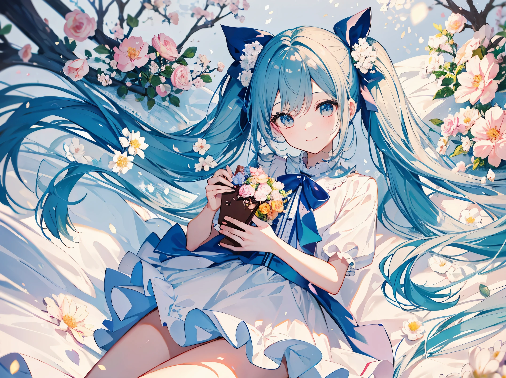 （master piece，best quality：1.6），holding a big chocolate with a valentine&#39;s day ribbon　light blue long hair、Beautiful girl with twin tails、adorable smile、Cute **** style costume、White flower，White flowerが咲き誇る庭，petals are flying，Close-up of flowers，long focal，(The photo is full of flowers)