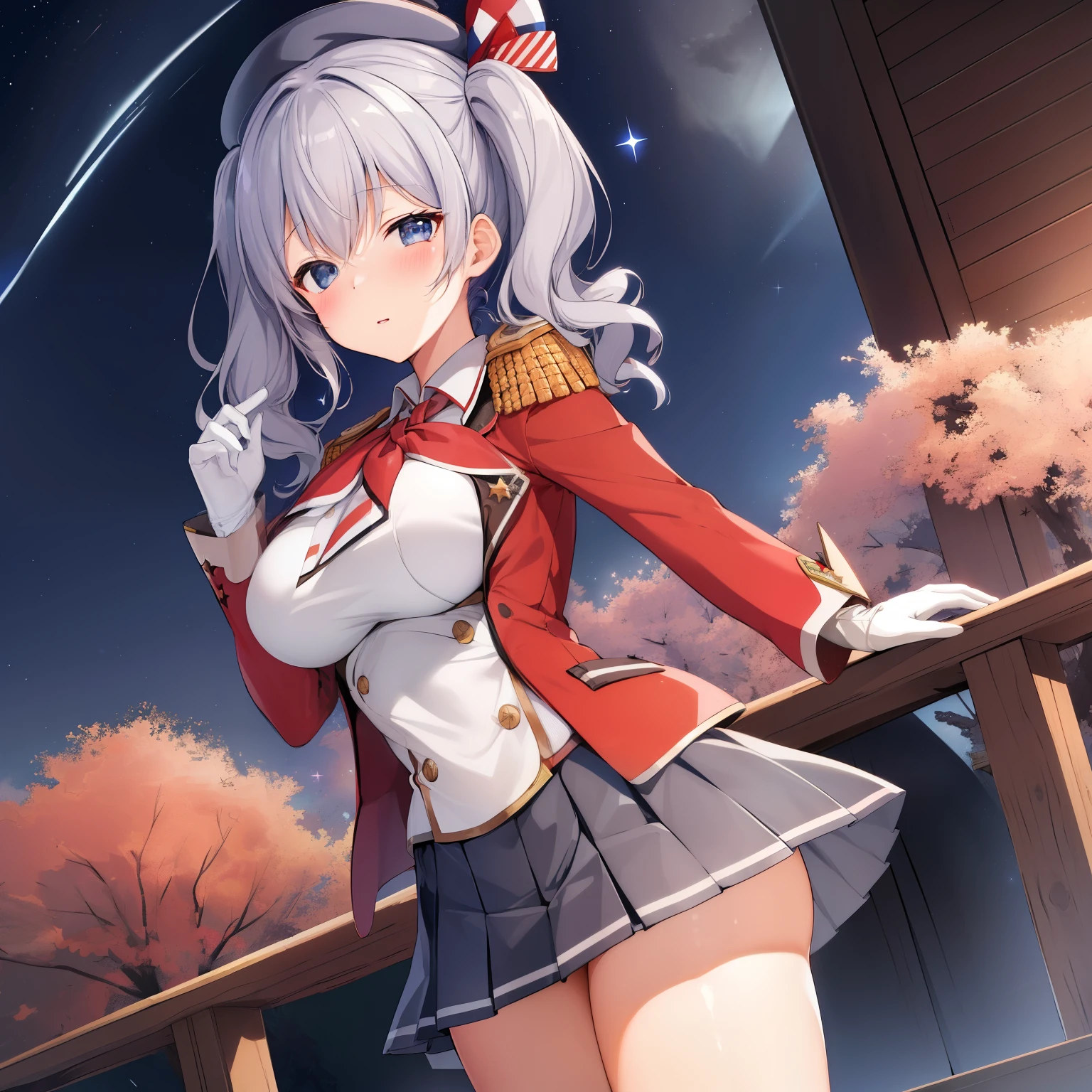 (masterpiece, highest quality:1.2),figure,8K,HD,1 girl,alone,blush,gray hair,blue eyes,wavy hair,twin tails,Tsurime,beret,epaulet,ruffle sleeves,Jacket,big breasts,long sleeve,uniform,mini skirt,pleated skirt,red neckerchief,white gloves,anchor,(((night starly sky))),((((towards the starry sky、Pray with Your Eyes Close))))