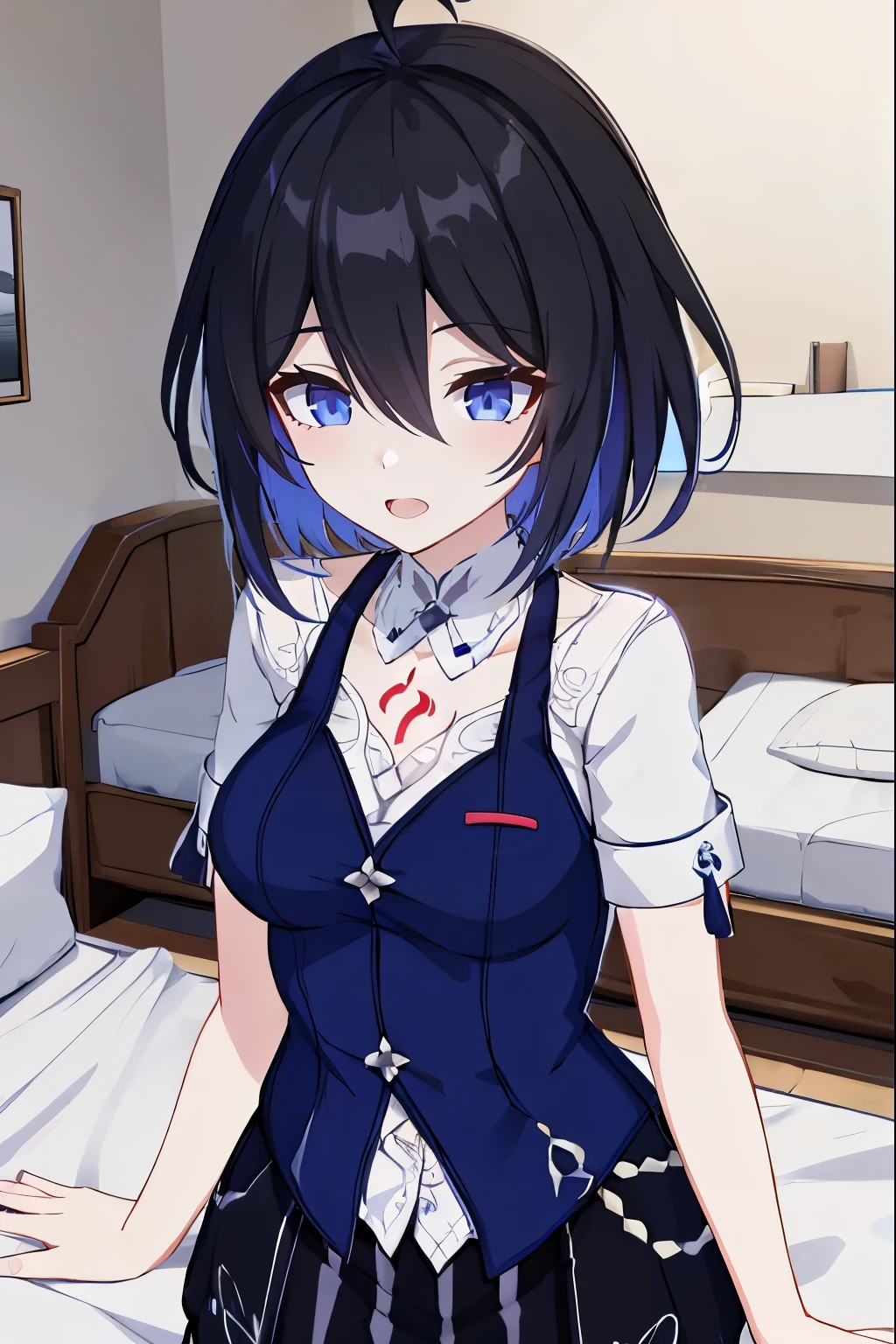 1 girl, best quality, ultra high res, ahoge, Seele Vollerei, medium breast, smile, small body, open mouth, azure clothes, short sleeves, bedroom, white bed sheets, pov, chest  tattoo, upper body, looking at viewers, looking you, blue eyes, black hair, blue hair, perfect detailed, 