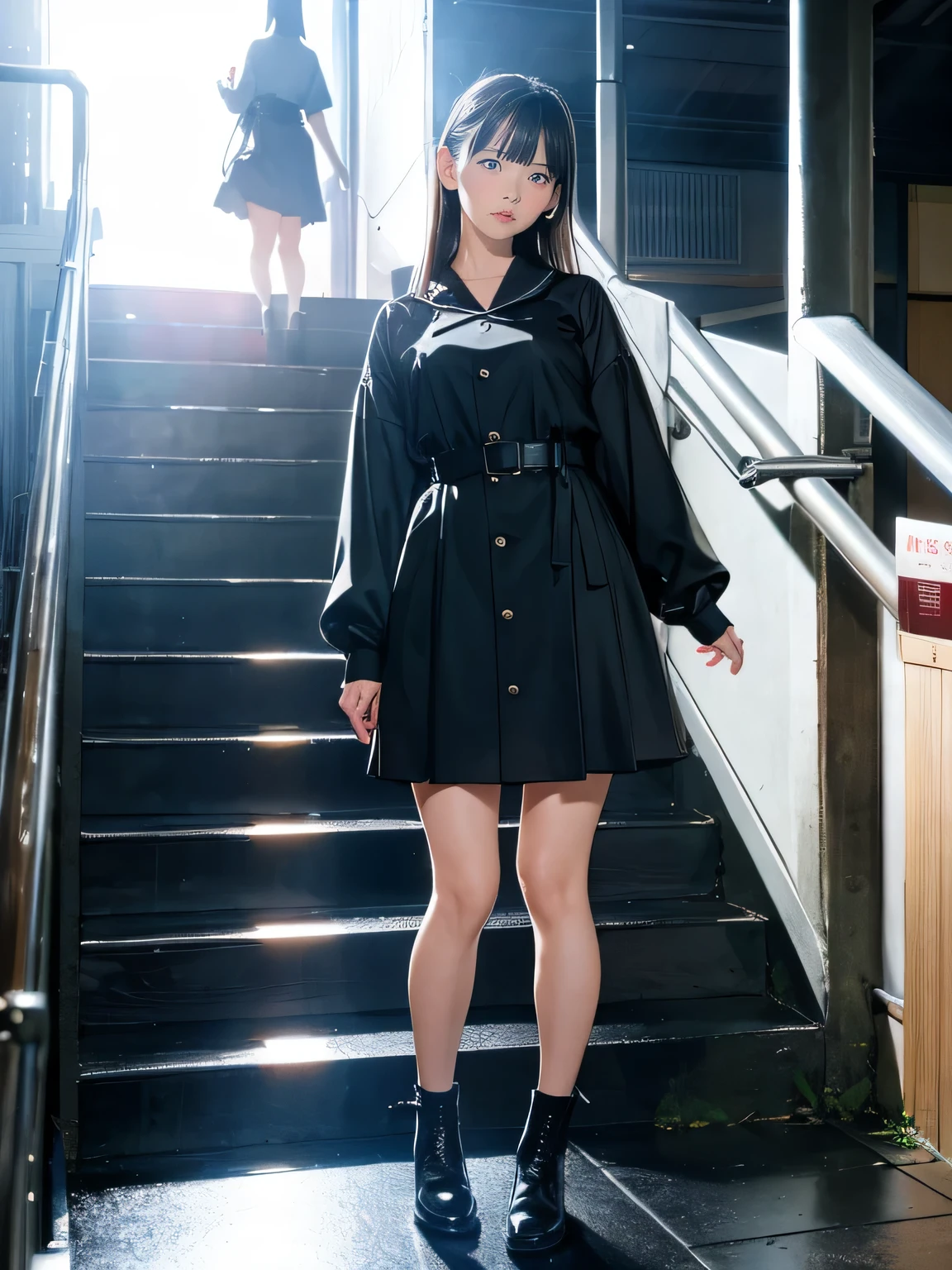 8K quality、最高masterpiece、live-action、real human feeling、realistic skin texture、natural skin、A Japanese woman with long, smooth black hair with bangs is standing in the rain on the emergency stairs, watching from a distance.、black sturdy boots、looking from the bottom of the stairs、Full body suit made of ultra-thin rubber material、Rubber miniskirt、thin waist、surrealism、ray tracing、cinematic lighting、Sony FE GM、Backlight、masterpiece