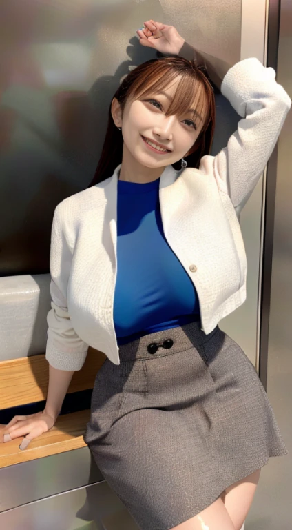 In 8K、Super high resolution、highest quality、Masseter muscle part、Photoreal、Ultra - High resolution、(huge tit、pretty big breasts、hide all breasts、toned body:1.18)(Always office lady、wet white shirt、must wear a gray tight skirt and jacket、Office in a high-rise building:1.3)(brown long hair、japanese woman、So cute、cute smile:1.28)Black pin heels