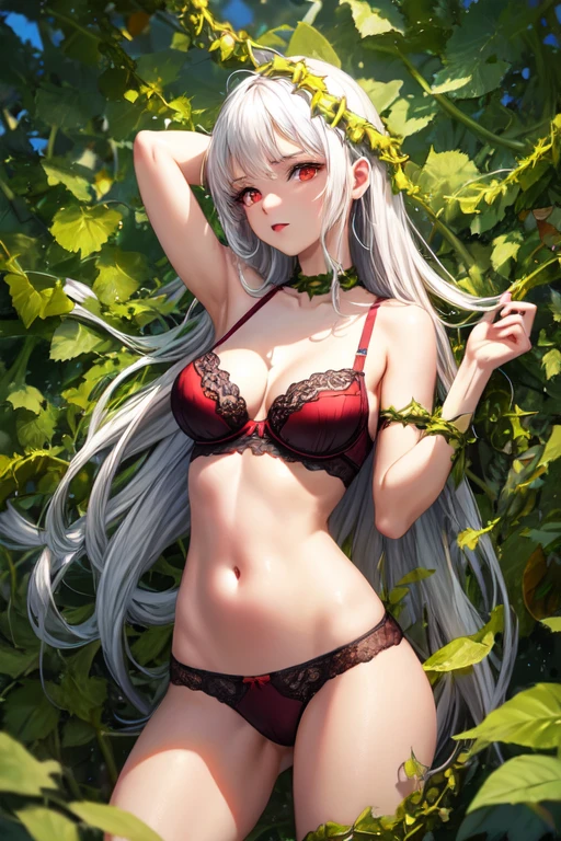 Barbarian woman, tuga of vines and vines, bra of vines and vines, albino, bright red eyes