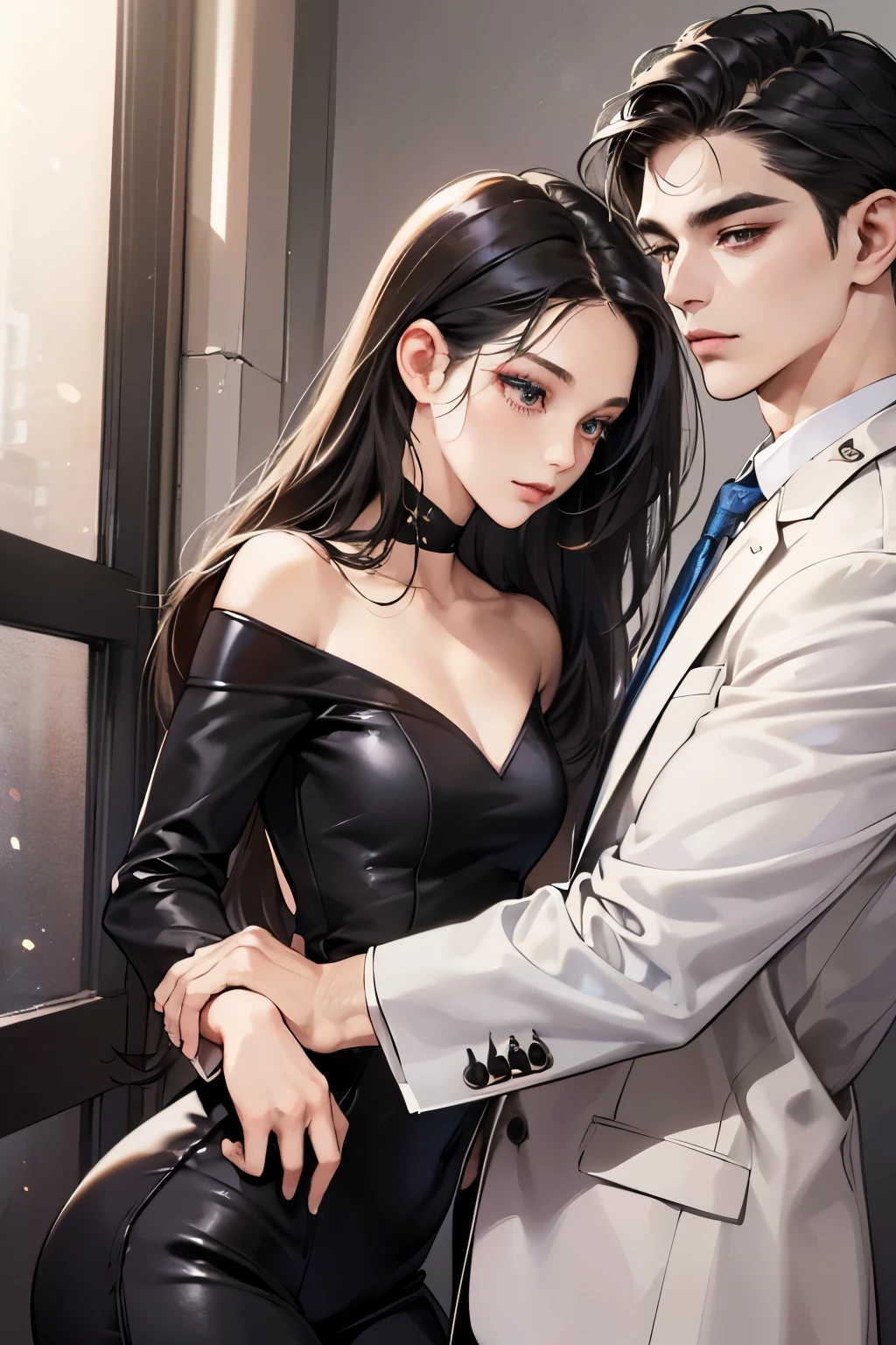 (table top, digital art, digital illustration, 4K, 8K, super detailed, beautiful images, clear image, realistic, RAW photo, perfect face, perfect lines, perfect eyes, soft lighting) 1 female, (long black hair,straight hair,Bullish gaze,beautiful woman,Solid makeup,23 year old female,small breasts:1.3),secretary, Two handsome men in suits, (human,Men in suits,muscular,Firm shoulder width,adult male,boyish hairstyle,british gentleman's style,A man in his 30s with a cool expression,28-year-old man with bright smile:1.2),Bright Western-style room、couple dancing、light、country style、k pop dance、sense of rhythm