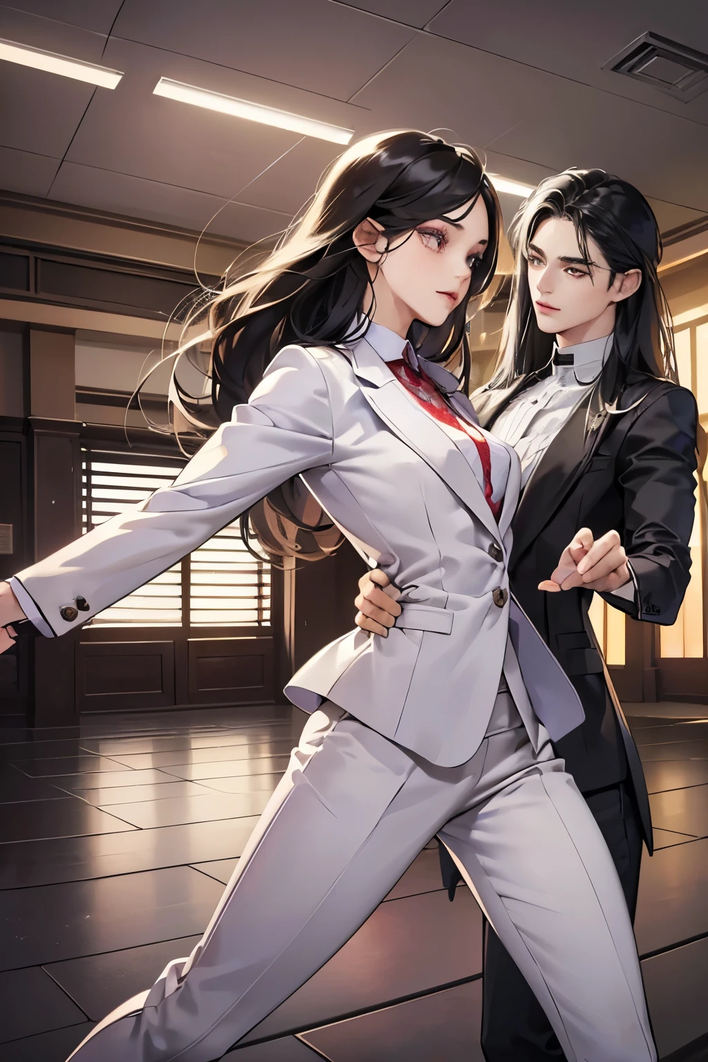 (table top, digital art, digital illustration, 4K, 8K, super detailed, beautiful images, clear image, realistic, RAW photo, perfect face, perfect lines, perfect eyes, soft lighting) 1 female, (long black hair,straight hair,Bullish gaze,beautiful woman,Solid makeup,23 year old female,small breasts:1.3),secretary, Two handsome men in suits, (human,Men in suits,muscular,Firm shoulder width,adult male,boyish hairstyle,british gentleman's style,A man in his 30s with a cool expression,28-year-old man with bright smile:1.2),Bright Western-style room、couple dancing、light、country style、k pop dance、sense of rhythm