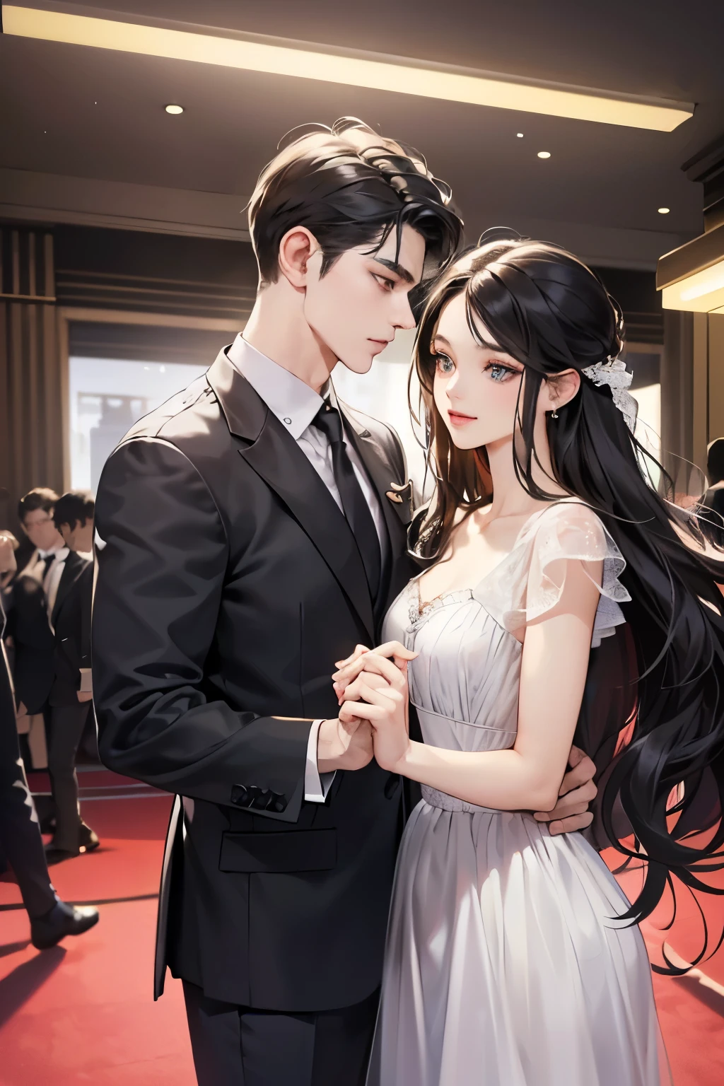 (table top, digital art, digital illustration, 4K, 8K, super detailed, beautiful images, clear image, realistic, RAW photo, perfect face, perfect lines, perfect eyes, soft lighting) 1 female, (long black hair,straight hair,Bullish gaze,beautiful woman,Solid makeup,23 year old female,small breasts:1.3),secretary, Two handsome men in suits, (human,Men in suits,muscular,Firm shoulder width,adult male,boyish hairstyle,british gentleman's style,A man in his 30s with a cool expression,28-year-old man with bright smile:1.2),Bright Western-style room、couple dancing、light、country style、k pop dance、sense of rhythm