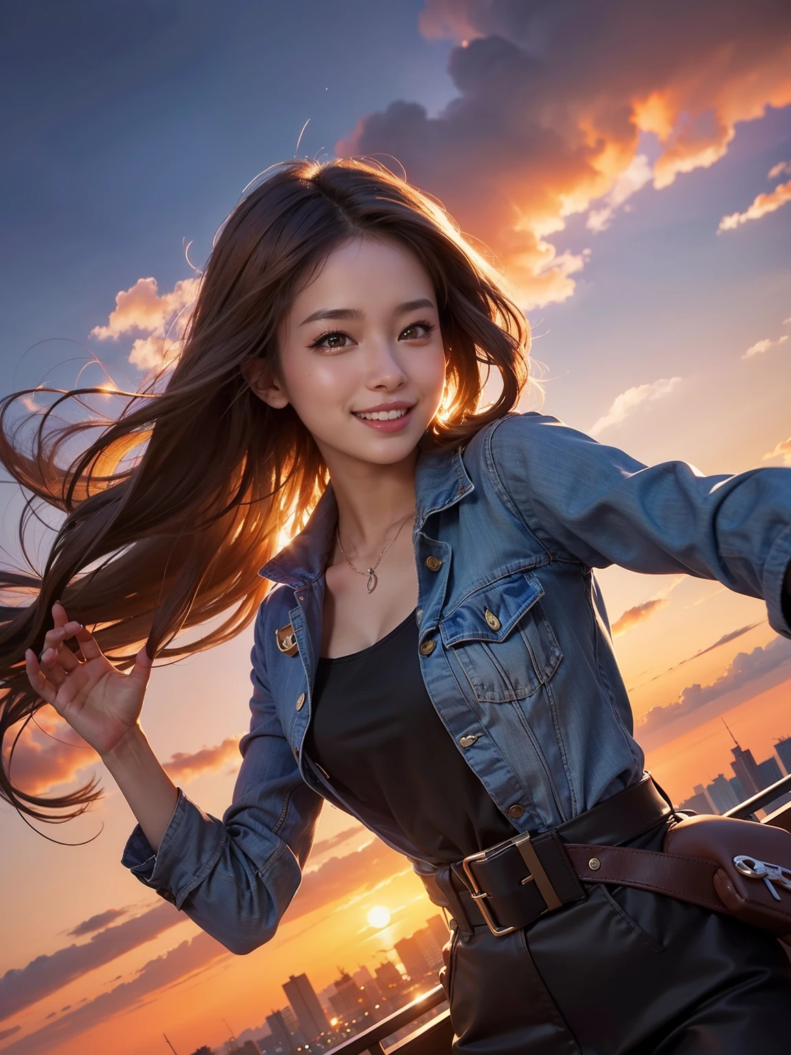 xxmixgirl,1 girl, Fisheye, Self snap, Wind, messy hair, sunset, cityscape, (Aesthetics and atmosphere:1.2), gray hair,smile,movie girl