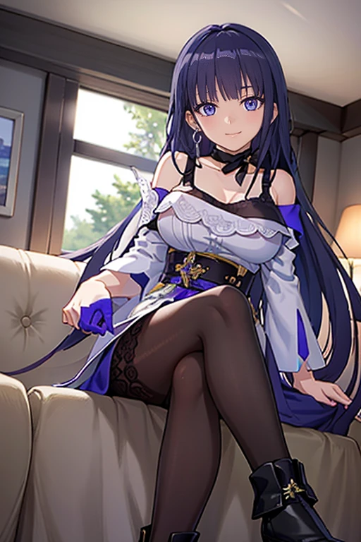 masterpiece:1.2, best quality, ((ultra detailed)), high resolution, 2d, anime style , photo, photography, detailed background,1girl, raiden mei, (pantyhose), boots,cowboy shot, looking at viewer, single glove,  light smile, earrings, dress, choker, tank top, sitting, crossed legs, from below, on couch, windows, living room,