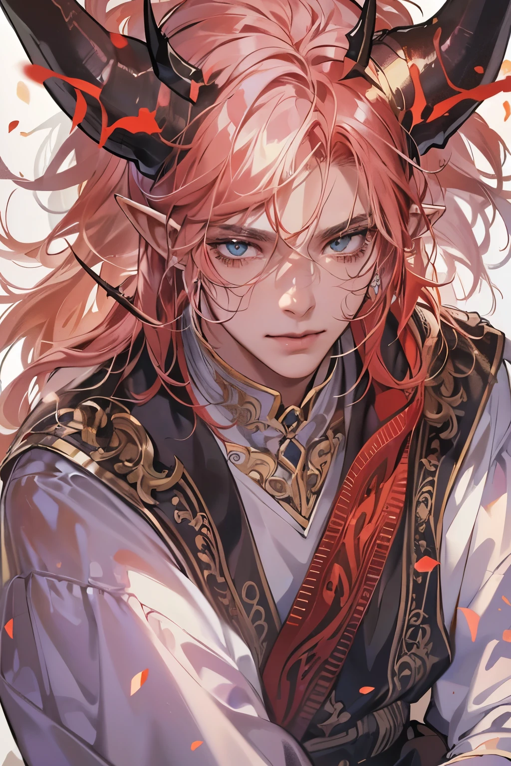 (table top, digital art, digital illustration, 4K, 8K, super detailed, beautiful images, clear image, realistic, RAW photo, perfect face, perfect lines, perfect eyes, soft lighting) 1 male human, (Red hair、long hair、amber eyes,messy hair、Bullish look,Smile confidently、Demons、Two black horns grow from its head.、Pointed elf-like ears、32 years old:1.3),ハンサムなmale性, (White t-shirt with dowel dowel、vest、muscular、Thin macho,Firm shoulder width, male:1.2),Sit on a throne with your legs crossed、The king、Demon King、hair fluttering in the wind、Sunburned healthy skin、desert oasis