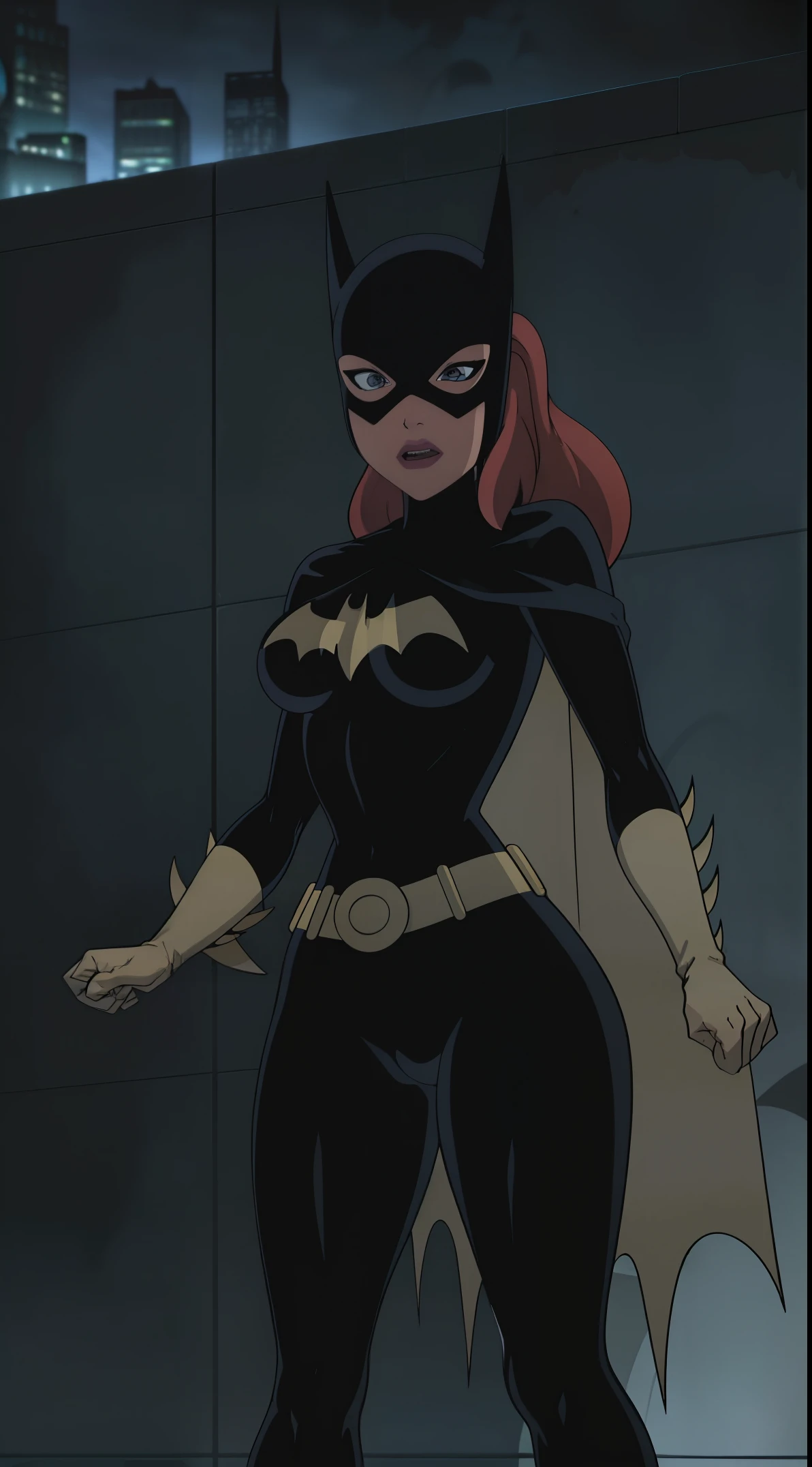 Buscar, Batgirlfit, cabelos muito longos, cabelos ruivos, cabelo entre os olhos, rabo de cavalo alto, Fechaduras laterais, Olhos azuis, Batgirl roupas brilhantes, impossible bodysuit, Pele apertada, bodysuit, Olhando para o Viewer sorrindo, (blush vermelho,irritado:1.2),(pernas musculosas:1.3), (heroic pose). (She's patrolling the sewers of GothamCity)