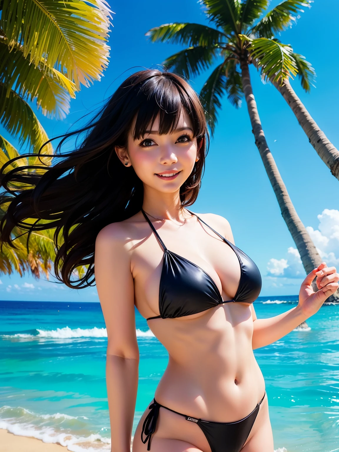 xx remix girl,1 girl, fish eye, (Self snap), Wind, messy hair, tropical country、Ocean、Palm tree, (Aesthetics and atmosphere:1.2), black hair,smile,22 years old、bikini、Medium chest