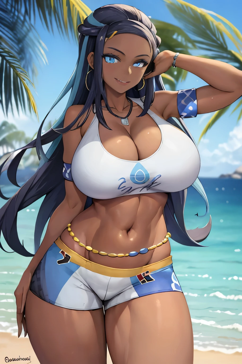 ((masterpiece,best quality)), absurdres,
Nessa_Pokemon,
1girl, solo, dark skin, blue eyes, black hair, blue hair, two-tone hair, swimsuit, (short shorts), bikini, jewelry, necklace, earrings, belly chain, armlet, midriff, white croptop,
solo, smiling, looking at viewer, cowboy shot,
cinematic composition, contrapposto,