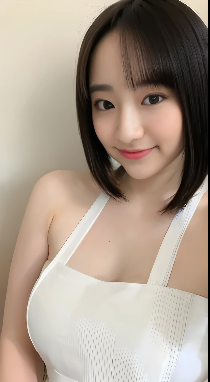 ((top-quality、8K、​masterpiece:1.3))、1girl in、Apron naked、very beautiful face、Beauty of slim abs:1.3、(Casual Hairstyles、huge tit:1.2)、Apron naked:1.1、an ultra-Small Face、A detailed eye、二重まぶた、a smile、kitchin、focus、cleavage of the breast、teats, very big breast, nsfw, 