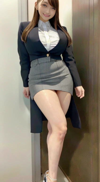 In 8K、Super high resolution、highest quality、Masseter muscle part、Photoreal、Ultra - High resolution、(huge tit、pretty big breasts、hide all breasts、toned body:1.3)(Always office lady、always wear a white shirt、must wear a gray tight miniskirt and jacket、Office in a high-rise building:1.3)(brown long hair、japanese woman、So cute、cute smile:1.28)stiletto heels、long legs、Chunky thighs