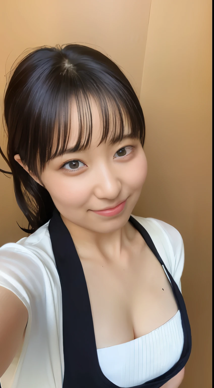 ((top-quality、8K、​masterpiece:1.3))、1girl in、Apron naked、very beautiful face、Beauty of slim abs:1.3、(Casual Hairstyles、huge tit:1.2)、Apron naked:1.1、an ultra-Small Face、A detailed eye、二重まぶた、a smile、kitchin、focus、cleavage of the breast、teats, very big breast, nsfw, 