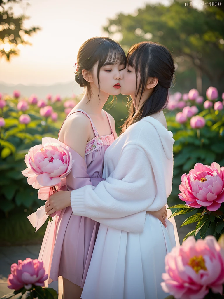 (((fully body photo)))), ((Single Eyelids))),((Sunset backlight))),(lens flare glow)),(Wear Republican clothing)),(Super Soft Focus)))))), ssmile, (Configuration file)))), (Upp)), at twilight, Showers, Colorful peony flowers on background, Surrounded by peony flowers, Take peony flowers, for example, For example((pastel sunset)), (yinchuan:1.5), tmasterpiece, best qualtiy, RAW photogr, Photorealsitic, the face, beuaty girl,Holding a bouquet of peony flowers cute, short detailed hair, ((((depth of fields)))), A high resolution, Hyper-detailing, finedetail, Very detailed, cinmatic lighting, (2girls, soulmate, cheek to cheek, kiss:1.2)