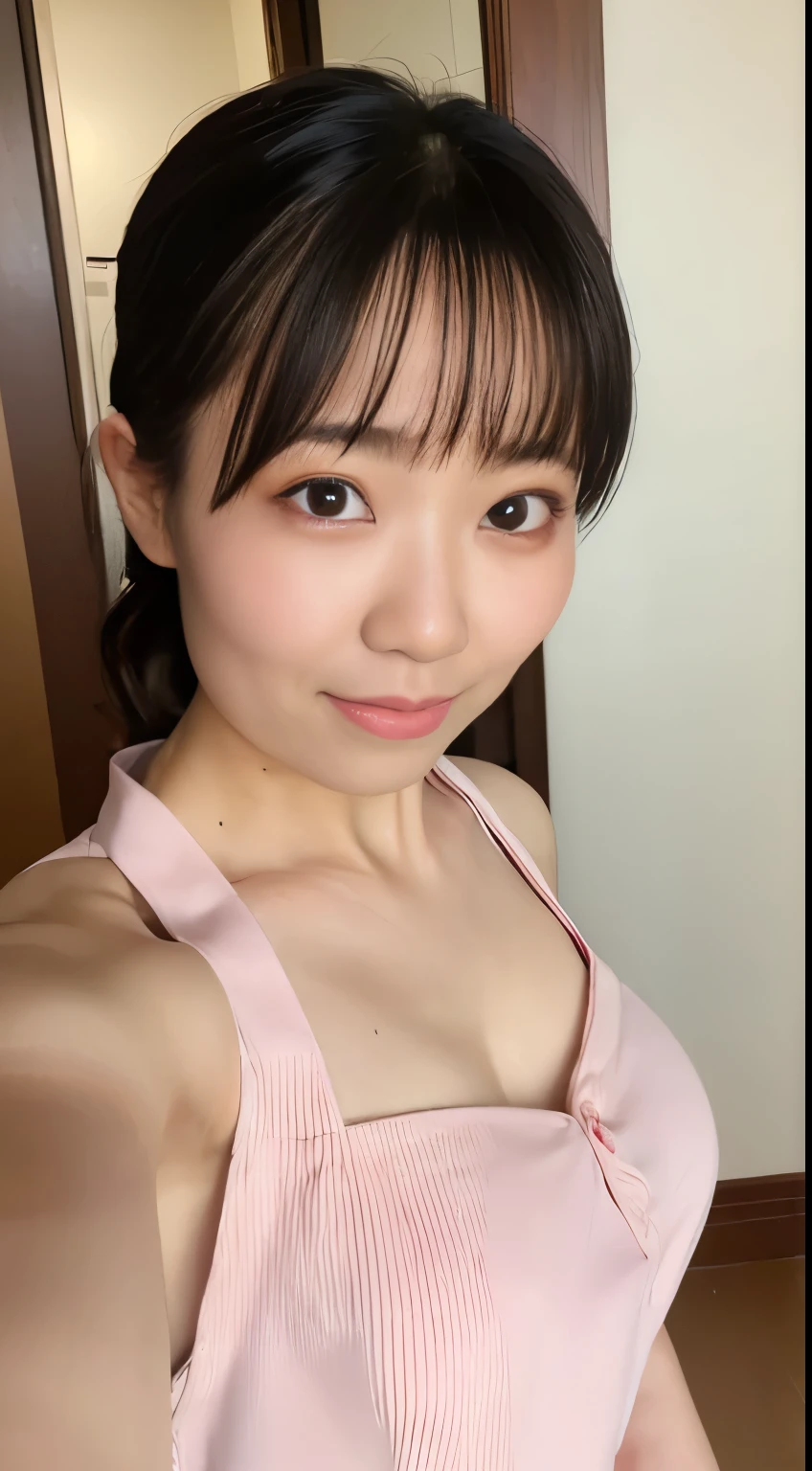 ((top-quality、8K、​masterpiece:1.3))、1girl in、Apron naked、very beautiful face、Beauty of slim abs:1.3、(Casual Hairstyles、huge tit:1.2)、Apron naked:1.1、an ultra-Small Face、A detailed eye、二重まぶた、a smile、kitchin、focus、cleavage of the breast、teats, very big breast, nsfw, 