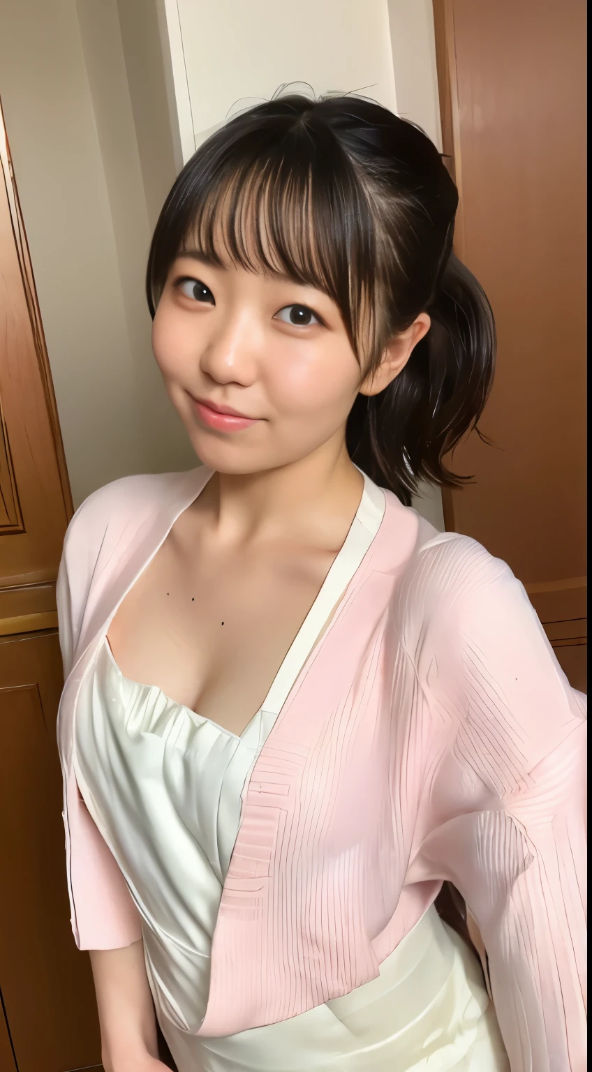 ((top-quality、8K、​masterpiece:1.3))、1girl in、Apron naked、very beautiful face、Beauty of slim abs:1.3、(Casual Hairstyles、huge tit:1.2)、Apron naked:1.1、an ultra-Small Face、A detailed eye、二重まぶた、a smile、kitchin、focus、cleavage of the breast、teats, very big breast, nsfw, 