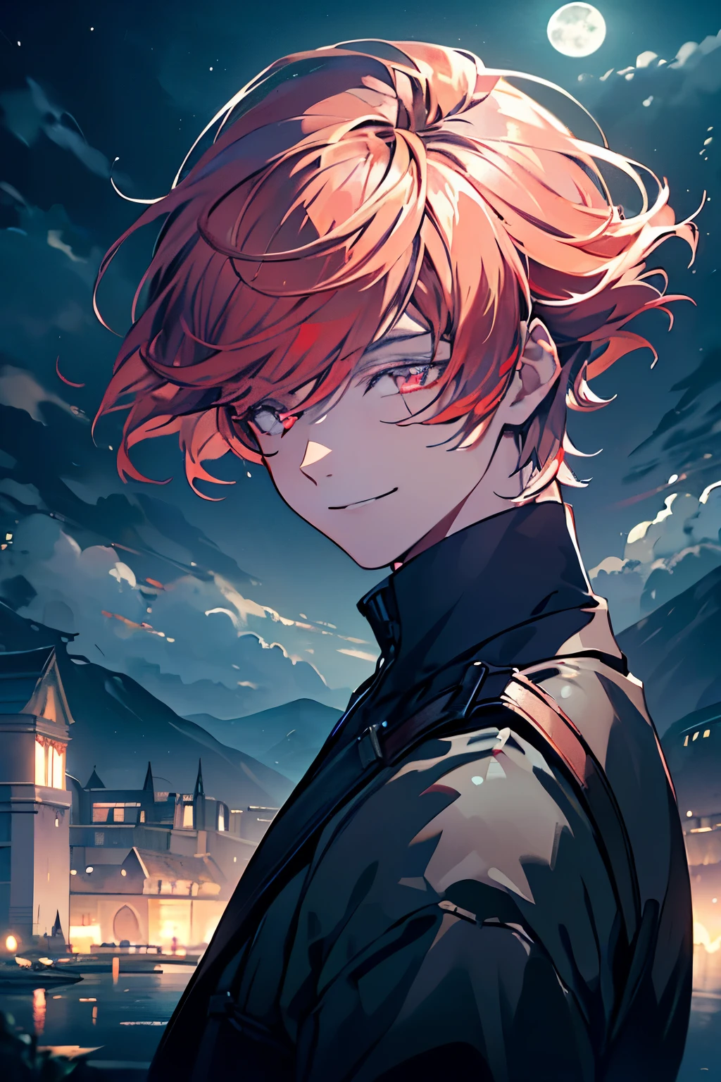 masterpiece, best quality, ((((1boy)))), (colorful),(finely detailed beautiful eyes and detailed face),cinematic lighting,extremely detailed 8k wallpaper, sky, cloudy_sky, building, moonlight, moon, night, (dark theme:1.3), light, fantasy, (((Only one character))), 1 boy, male, (((red hair))), (((red eyes))), Final Fantasy XIV, Serene expression, ((Smile))