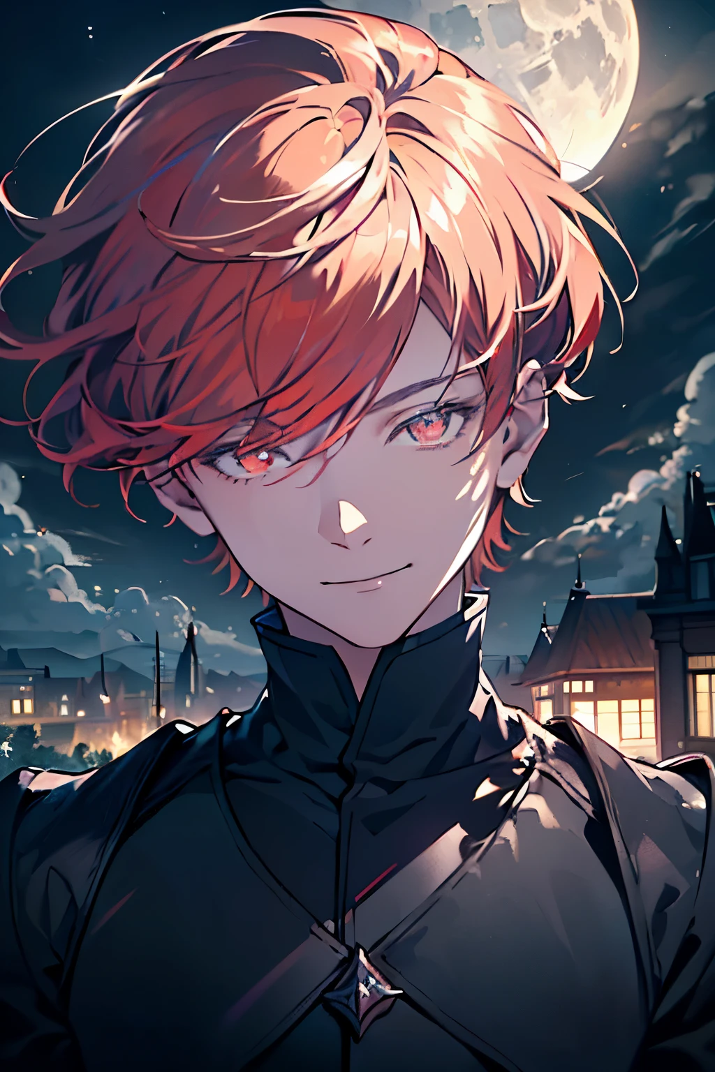 masterpiece, best quality, ((((1boy)))), (colorful),(finely detailed beautiful eyes and detailed face),cinematic lighting,extremely detailed 8k wallpaper, sky, cloudy_sky, building, moonlight, moon, night, (dark theme:1.3), light, fantasy, (((Only one character))), 1 boy, male, (((red hair))), (((red eyes))), Final Fantasy XIV, Serene expression, ((Smile))