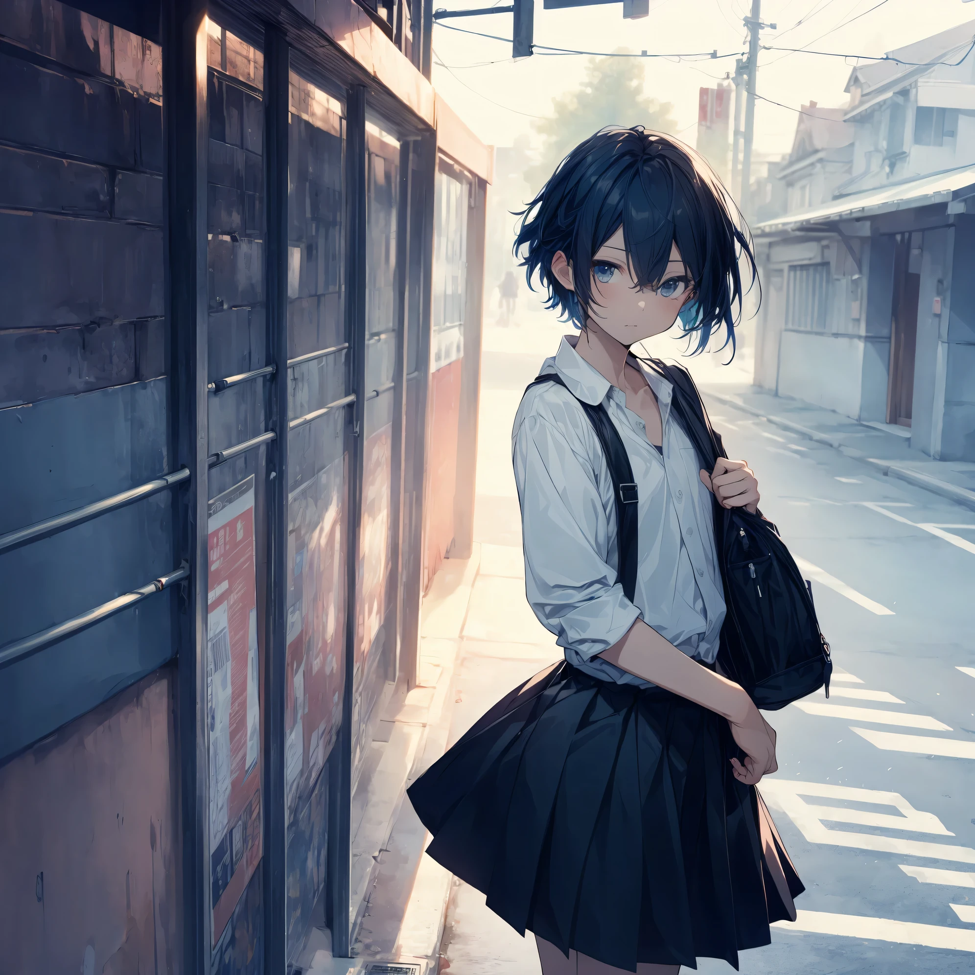 Super high quality by the art god, super detailed, High resolution, Makoto Shinkai Style, anime moe art style, best anime 8K konachan wallpaper, pixiv contest winner, perfect anatomy, break,(眠そうにalone学校へ行く女の子を描いてください. ),break, surreal high school girl, (alone,change, child,13 years old:1.3),All limbs, full finger,Middle school students, androgynous charm, ((very short hair)), messy hair, flat chest, small ass, between legs, Small black eyes,beautiful and fine eyes, Well-proportioned iris and pupils, disgusted eyes, High resolutionの詳細な髪, school uniform, (skirt), On the way to school. break,super dense skin, Best lighting by famous artists, 8K, figure,