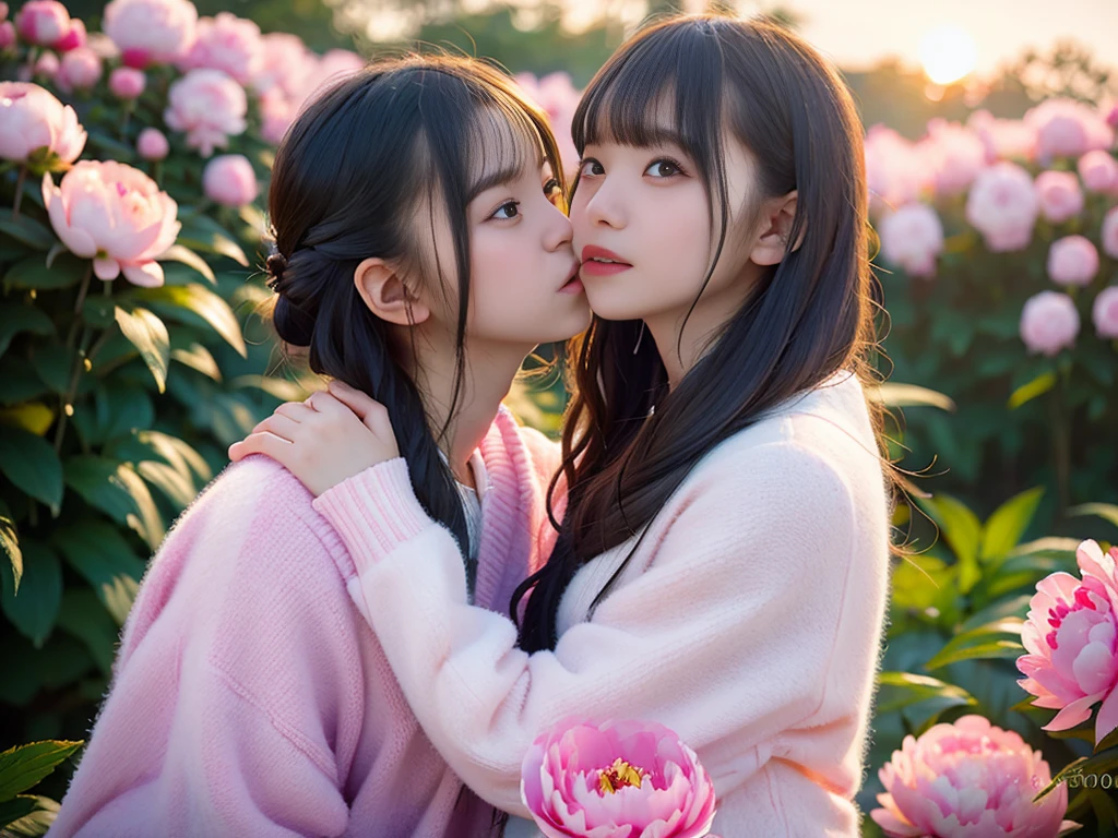 (((fully body photo)))), ((Single Eyelids))),((Sunset backlight))),(lens flare glow)),(Wear Republican clothing)),(Super Soft Focus)))))), ssmile, (Configuration file)))), (Upp)), at twilight, Showers, Colorful peony flowers on background, Surrounded by peony flowers, Take peony flowers, for example, For example((pastel sunset)), (yinchuan:1.5), tmasterpiece, best qualtiy, RAW photogr, Photorealsitic, the face, beuaty girl,Holding a bouquet of peony flowers cute, short detailed hair, ((((depth of fields)))), A high resolution, Hyper-detailing, finedetail, Very detailed, cinmatic lighting, (2girls, soulmate, cheek to cheek, kiss:1.2)