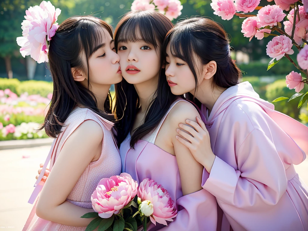 （（（fully body photo））））， （（Single Eyelids））），（（Sunset backlight））），（lens flare glow）），（Wear Republican clothing）），（Super Soft Focus））））））， ssmile， （Configuration file））））， （Upp））， at twilight， Showers， Colorful peony flowers on background， Surrounded by peony flowers， Take peony flowers, for example, For example（（pastel sunset））， （yinchuan：1.5）， tmasterpiece， best qualtiy， RAW photogr， Photorealsitic， the face， beuaty girl，Holding a bouquet of peony flowers cute， short detailed hair， （（（（depth of fields））））， A high resolution， Hyper-detailing， finedetail， Very detailed， cinmatic lighting, (2girls, soulmate, cheek to cheek, kiss:1.2)