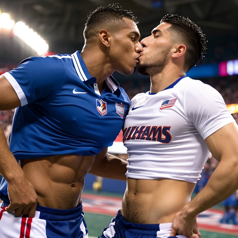 Capitan musculoso de futbol americano borracho y sin camisa, masturbated and kissed on the mouth by a cheerleader man smaller and thinner than him, bulto grande, solo en ropa interior, mostrando pectorales y abdominales completos,wet dreams, Great erection, besos, gay pornographic