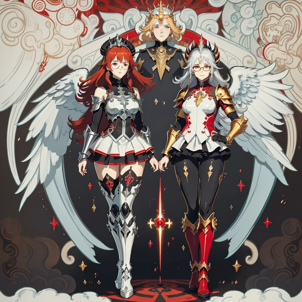 (((Three personagem))), garotos, (((Pele escura)))), Cabelo preto com rabo de cavalo, Olhos azuis claros, Round glasses with a small dark lens, this lens being orange, e a moldura azul claro, (((Black metallic gauntlets and greaves with red and silver highlights)), blusa de couro, blusa com capuz, (((The clothes have a mix of modern and tribal)))), Tendo principalmente cor preta, but having red pieces, Shoulders on display, On the hip pants and long skirt extending to mid-thigh in black, (((botas longas))).
(((corpo inteiro))), arafed image of a demon girl with a big crown on he head, alphonse mucha and rossdraws, mucha style 4k, artgerm mucha, korean art nouveau anime, portrait knights of zodiac girl, goddess. extremely high detail, anime fantasy illustration, detailed digital anime art, gorgeous goddess of leo, anime art nouveau, talor liner, stick liner, clear line. perfect post leg and shose. backgourd no face. red gold blue outfit, a demon girl. big evil wings flying behide girl.