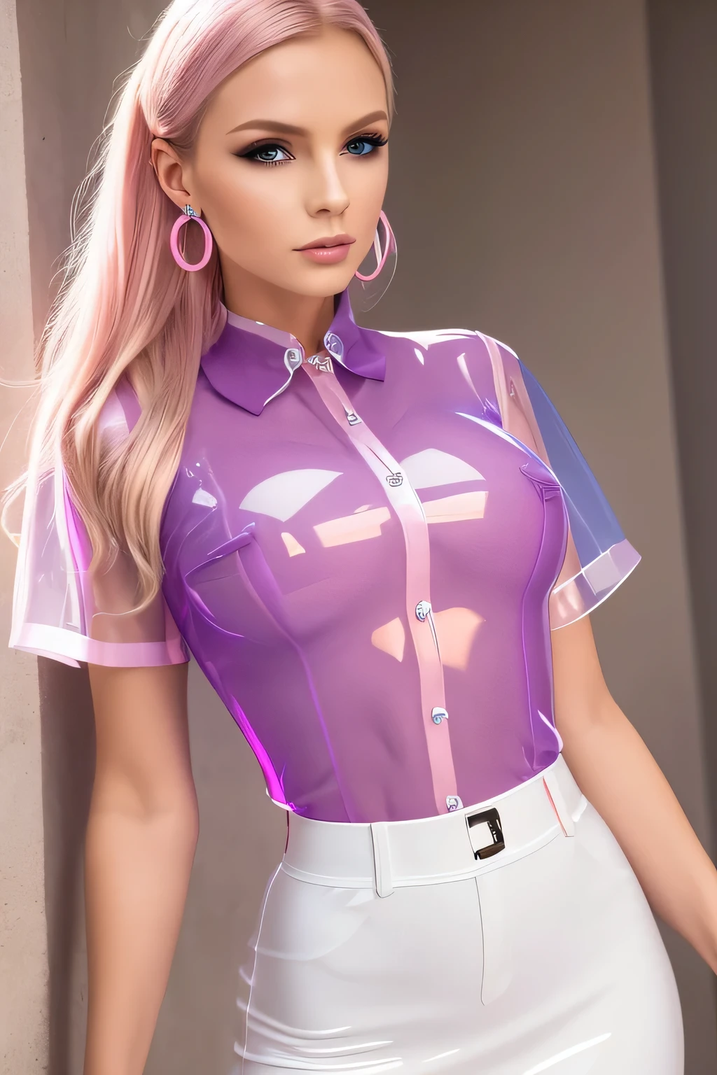Meisterwerk, pretty girl in transparent latex blouse, Buttoned latex blouse, Latex in pink und light-blau, PVC-Bluse transparent, vollbusig, schlank, adrett, glänzendes Make-up, perfekt gestylt, rosa Ohrringe, sexy, UHD resolution, Ultrahoch detailliertes Bild,