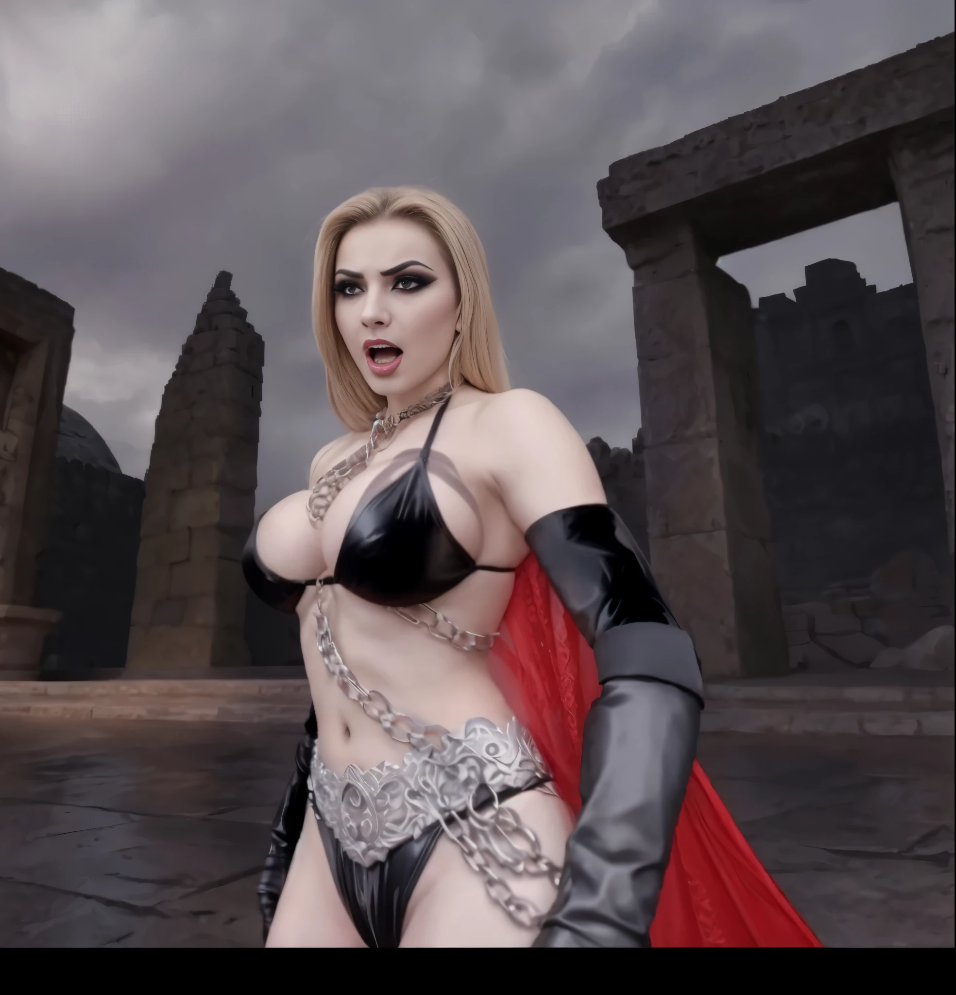 Alafid woman in costume standing in front of stone structure, 女魅魔vampire, vampire, busty witch,  性感迷人的女vampire, black bikini。Black leather arm cuffs，Heavy makeup，Big breasts。intense expression。Metal sexy waist chain，open arms