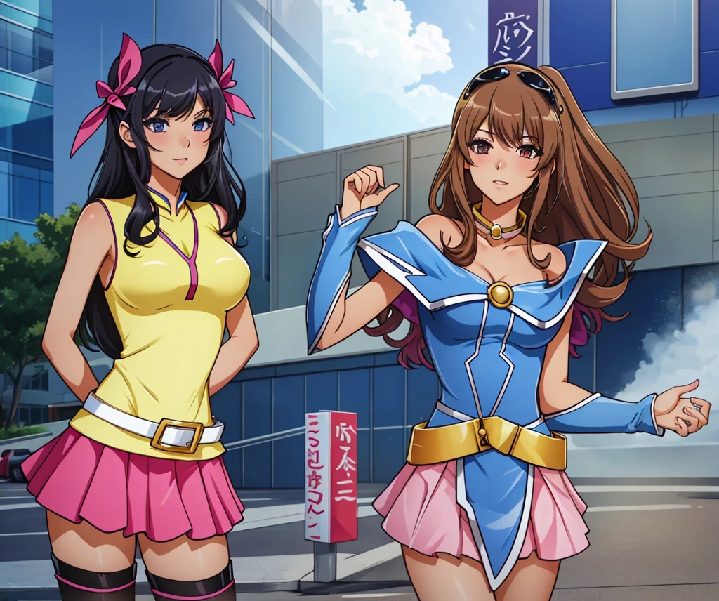 2girls dressed in costumes standing in front of a building, ecchi anime style, glamorous, tanned girls, thea gardner outfit and dark magician girl outfit, two beautiful girls, walking in front of a mall, looking at each other