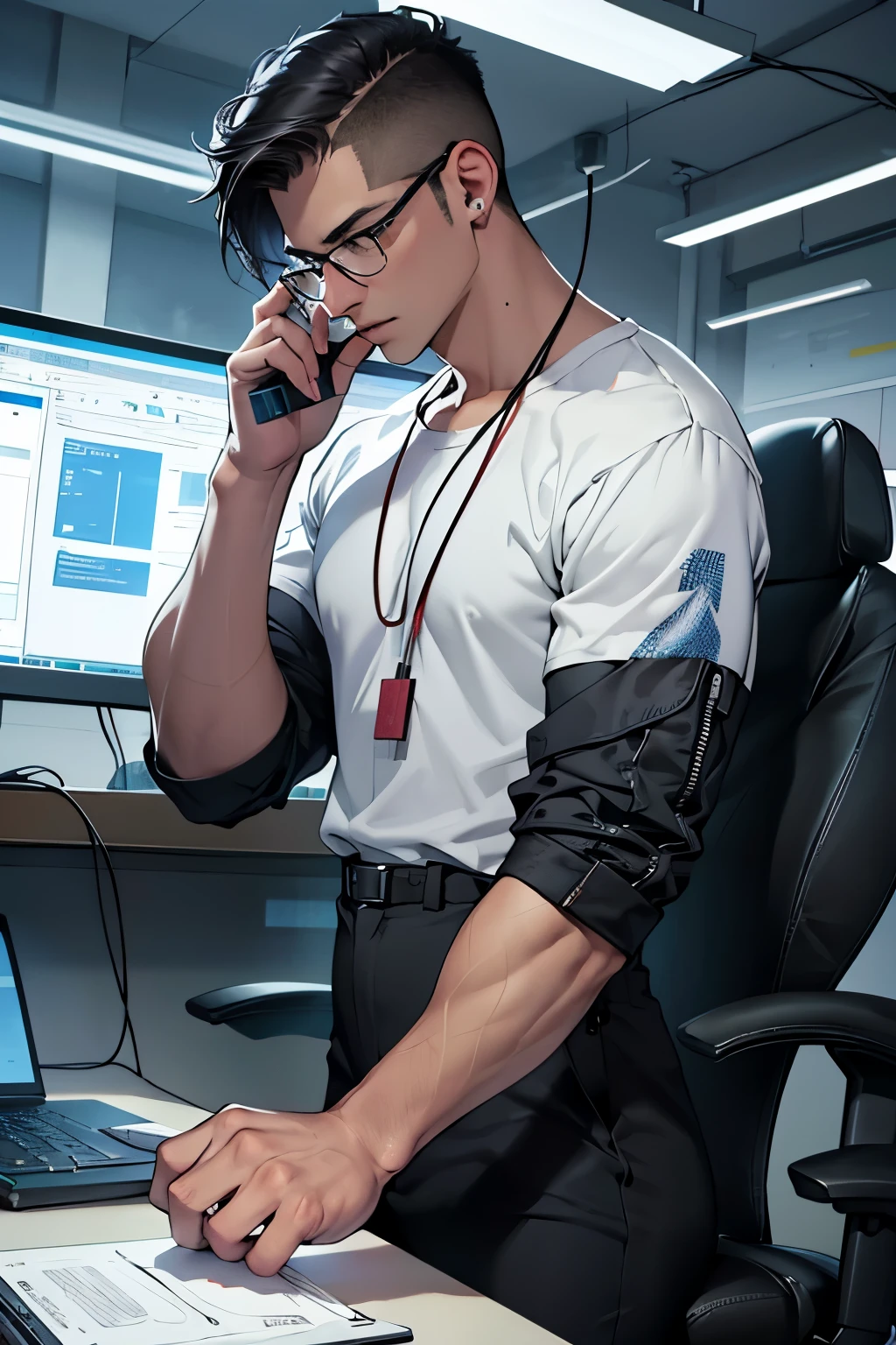 (Best Quality, 4k, High Resolution, Masterpiece: 1.2)
A young technological man, wearing glasses and a T-shirt with intricate circuit patterns, intensely focuses on the computer screen. One hand types rapidly on the keyboard, while the other cradles a sleek, modern cell phone between his ear and shoulder. The office background is minimalist, adorned with wires, cables, and a few high-tech gadgets. The man's eyes are fixated on the digital world before him, expressing utmost concentration.
(High-Tech Man, Office Setting, Computer, Cell Phone, Glasses, Circuit Patterns, Dress Cas
