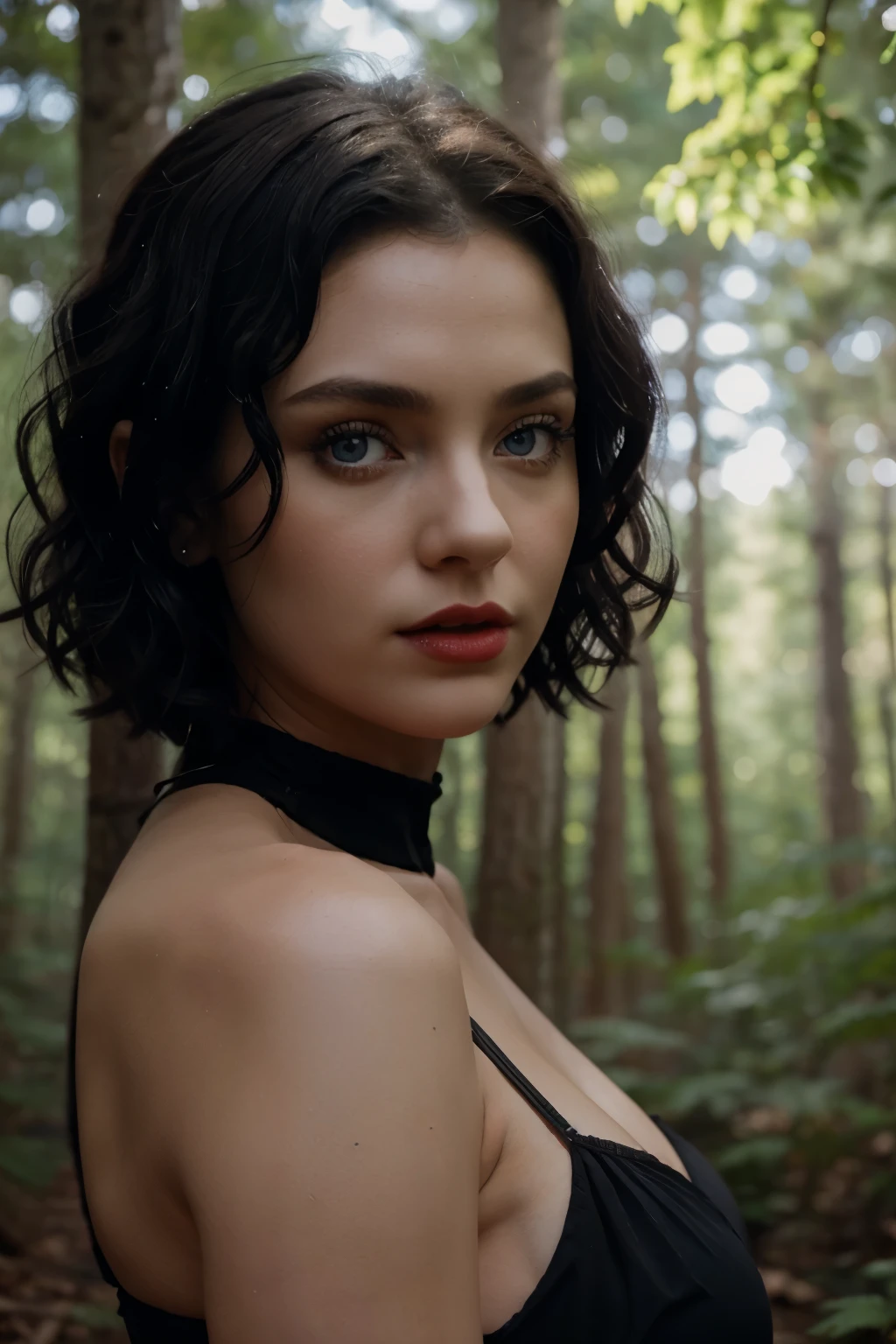 Gothic girl about 20 with black short curly hair, with big blue eyes, in a red dress, in the middle of the forest. The photo is black and white, but in color the girl has big blue eyes, red lips and a red dress, gray shades.Cinematic Still, Hasselblad X2D, Vogue Editorial, Super Detailed, Photorealistic — ar 3:4 — v 5.2