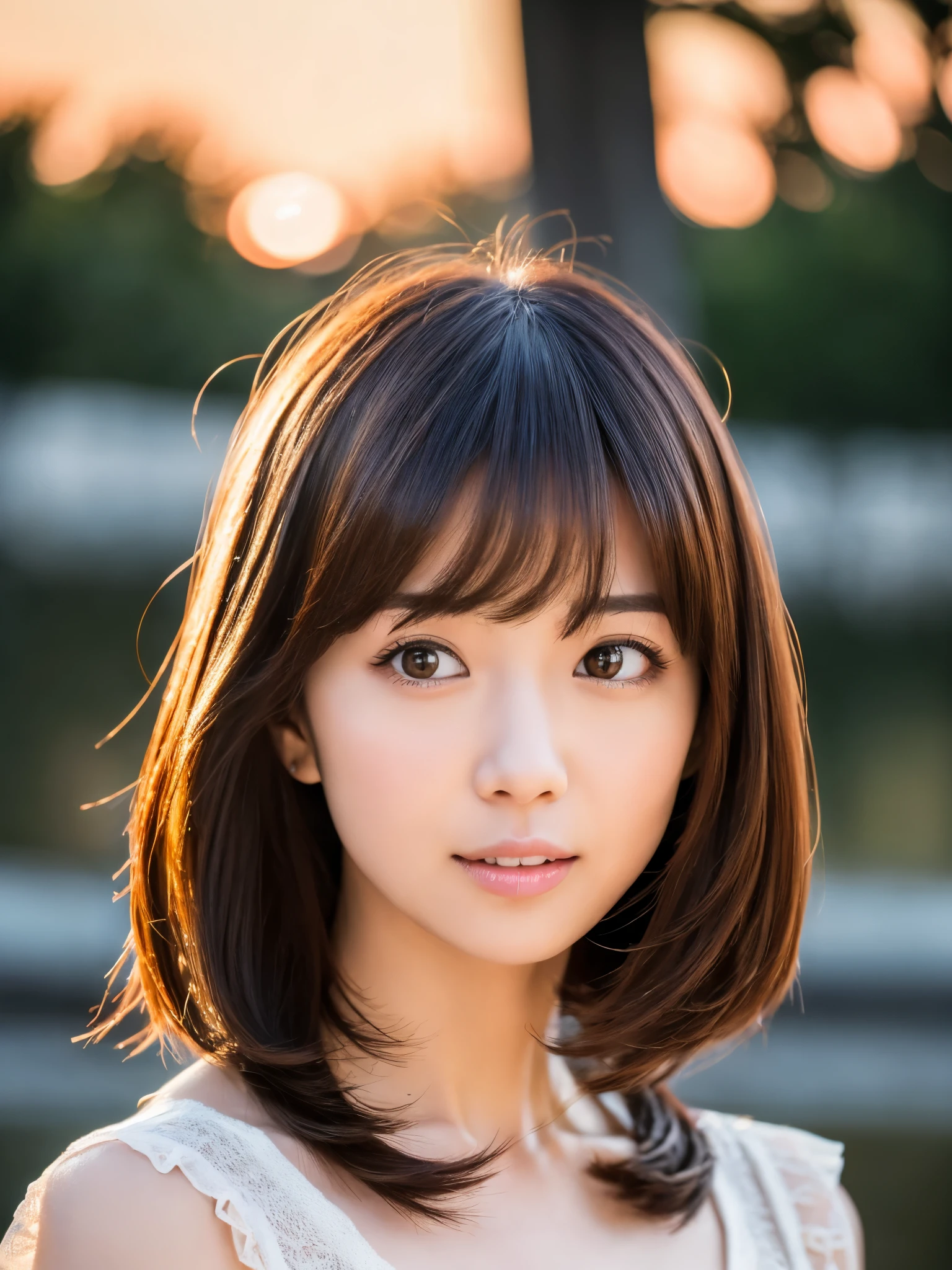 1 Japanese lady, Extremely beautiful, (Extremely cute), (extremely detailed beautiful face), Amazing face and eyes, rather dense hair、bob cuts、slightly brighter eyes、normal makeup、(Mini dress with camisole)、(Best Quality:1.4), (Ultra-detailed), extremely detailed CG unified 8k wallpaper, A hyper-realistic, (Photorealsitic:1.4), full body Esbian、Raw photography, professional photograpy, Cinematic lighting, Realistic portrait, ((Bokeh)), (depth of fields:1.4), (View photographer:1.3)、40 years old、(Inokashira Park),(Inokashira Pond)、(full body Esbian)、Accurate eyes、Beautiful mouth、(Keep your mouth completely closed)、(early evening:1.3)、(look at a camera)、(brilliant sunset:1.25)、(Orange evening sky:1.25)、no sleeves、Melancholy look