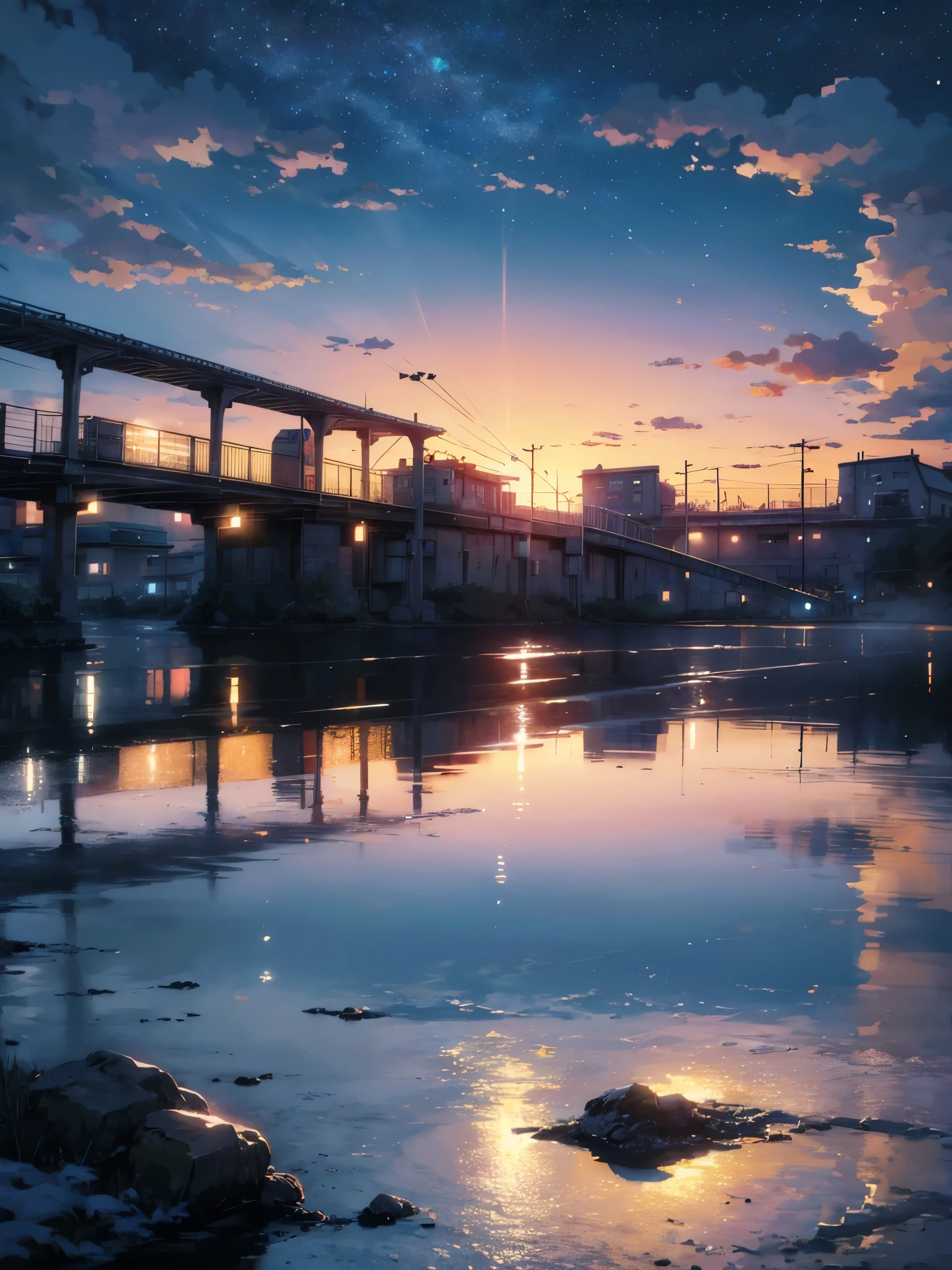 High quality masterpiece, landscape, anime train passing through bodies of water on tracks, bright starry sky. BREAK Romantic train, pixiv, concept art, lofi art style, reflection. by Makoto Shinkai, lofi art, Beautiful anime scene, BREAK Anime landscape, detailed scenery —width 672, in style of Makoto shinkai, style of Makoto shinkai, enhanced details, BREAK,Detailed,Realistic,4k highly detailed digital art,octane render, bioluminescent, BREAK 8K resolution concept art, realism,by Mappa studios,masterpiece,best quality,official art,illustration,ligne claire,(cool_color),perfect composition,absurdres, fantasy,focused,rule of thirds