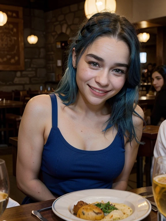 21 year old smiling woman blue hair Emilia Clarke face, in a restaurante
