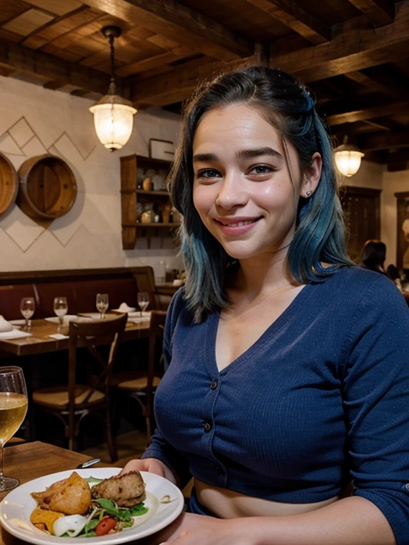 21 year old smiling woman blue hair Emilia Clarke face, in a restaurante