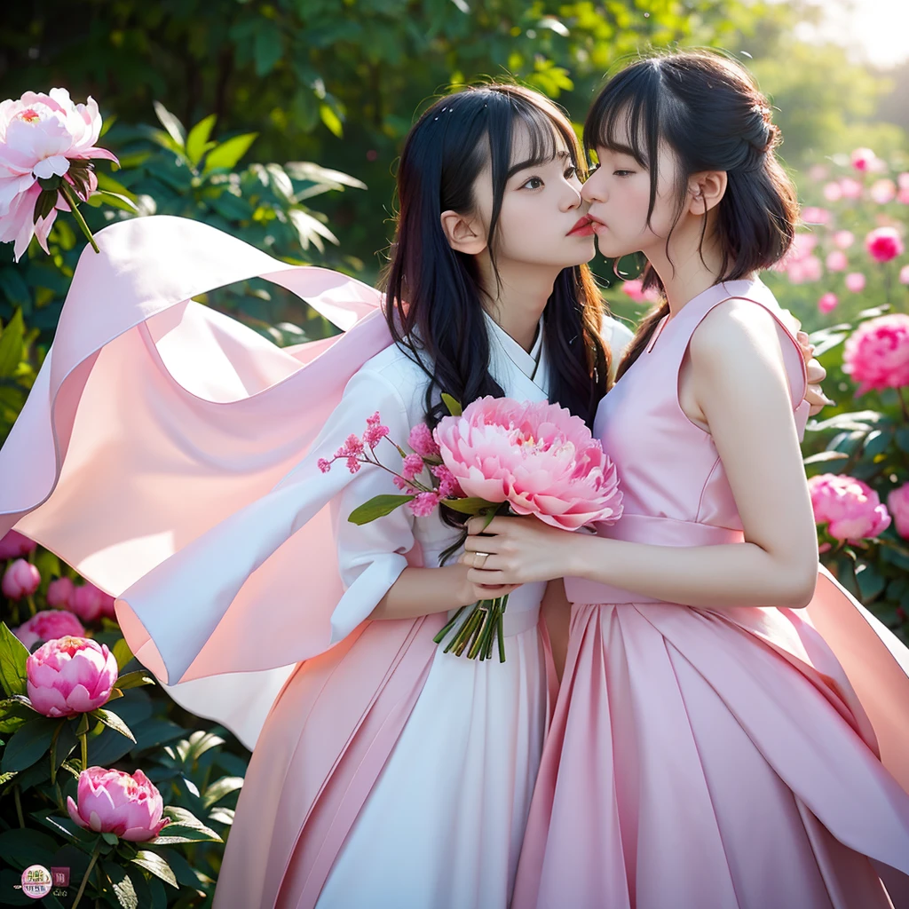 （（（fully body photo））））， （（Single Eyelids））），（（Sunset backlight））），（lens flare glow）），（Wear Republican clothing）），（Super Soft Focus））））））， ssmile， （Configuration file））））， （Upp））， at twilight， Showers， Colorful peony flowers on background， Surrounded by peony flowers， Take peony flowers, for example, For example（（pastel sunset））， （yinchuan：1.5）， tmasterpiece， best qualtiy， RAW photogr， Photorealsitic， the face， beuaty girl，Holding a bouquet of peony flowers cute， short detailed hair， （（（（depth of fields））））， A high resolution， Hyper-detailing， finedetail， Very detailed， cinmatic lighting, (2girls, soulmate, eye contact, cheek to cheek, kiss:1.2)