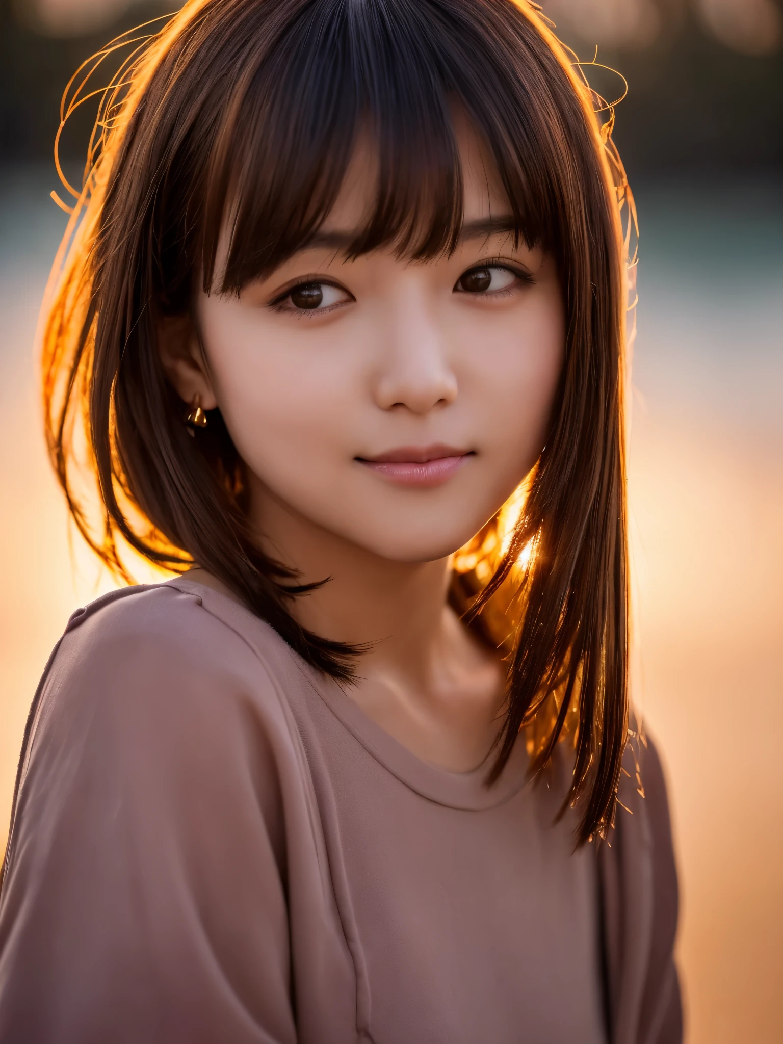 1 Japanese lady, Extremely beautiful, (Extremely cute), (extremely detailed beautiful face), Amazing face and eyes, rather dense hair、bob cuts、slightly brighter eyes、normal makeup、(Mini dress with camisole)、(Best Quality:1.4), (Ultra-detailed), extremely detailed CG unified 8k wallpaper, A hyper-realistic, (Photorealsitic:1.4), full body Esbian、Raw photography, professional photograpy, Cinematic lighting, Realistic portrait, ((Bokeh)), (depth of fields:1.4), (View photographer:1.3)、40 years old、(Inokashira Park),(Inokashira Pond)、(full body Esbian)、Accurate eyes、Beautiful mouth、(Keep your mouth completely closed)、(early evening:1.3)、(look at a camera)、(brilliant sunset:1.25)、(Orange evening sky:1.25)、no sleeves、Melancholy look